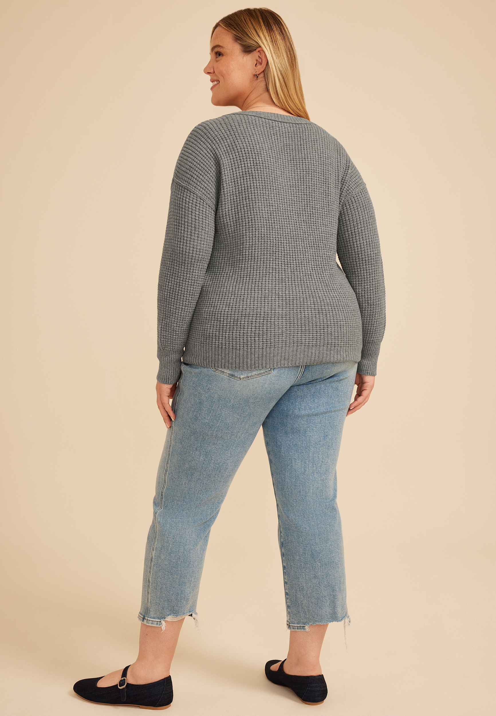 Plus Size Waffle Stitch V Neck Sweater, C3042, large