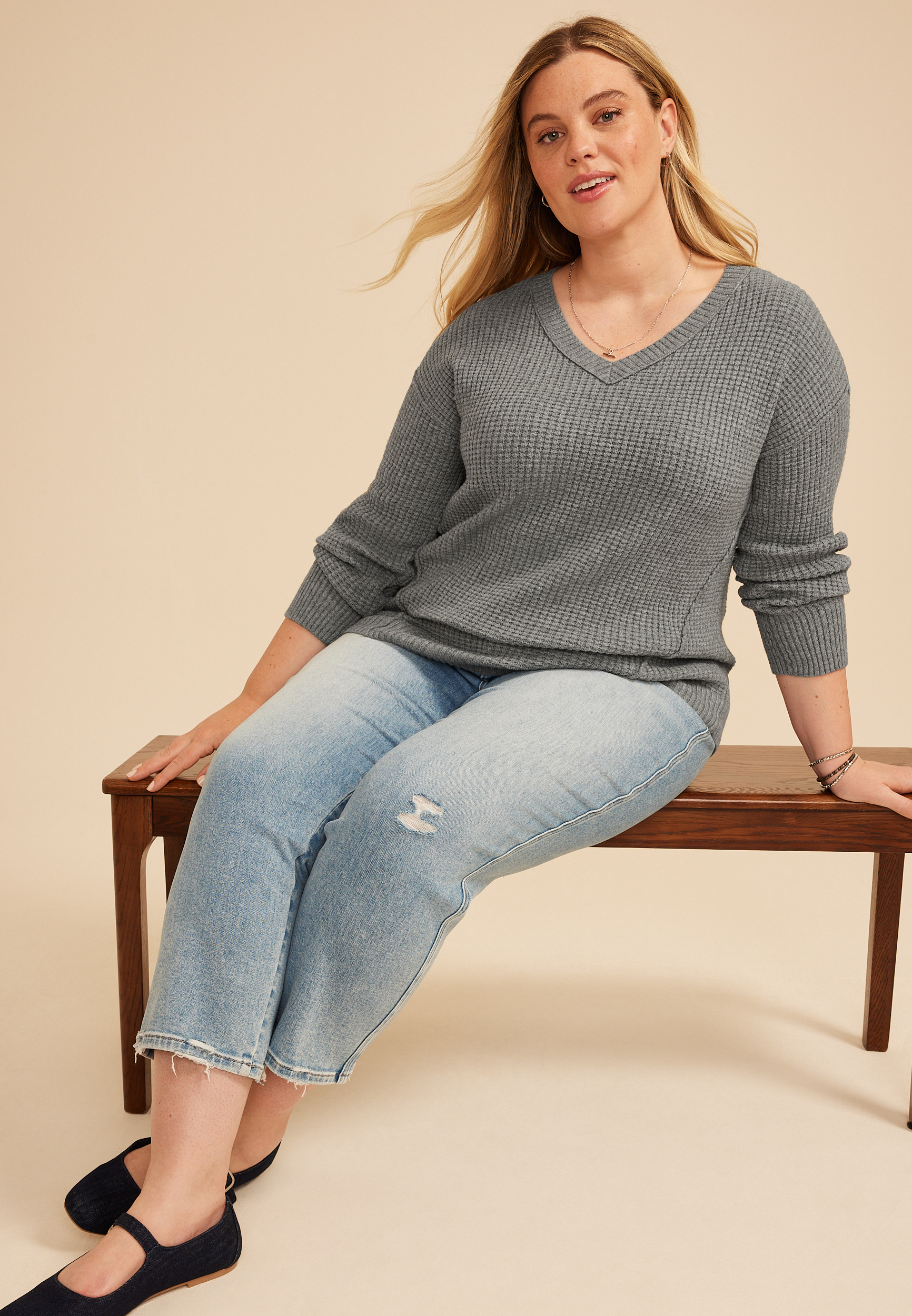 Plus Size Waffle Stitch V Neck Sweater, C3042, large