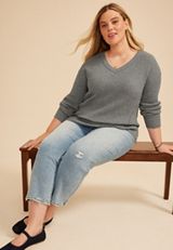 Plus Size Waffle Stitch V Neck Sweater, C3042, small