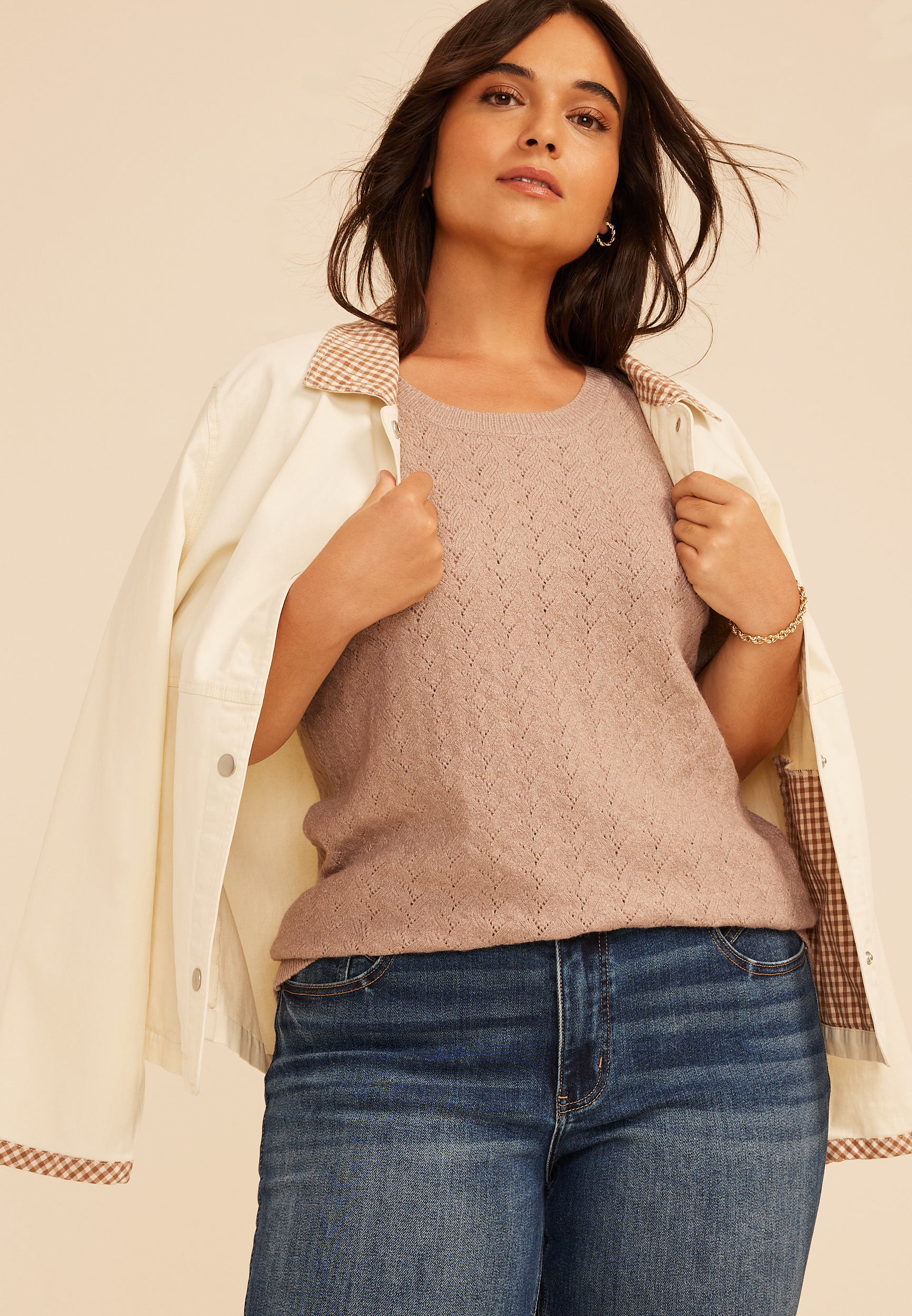 Plus Size Pointelle Elbow Puff Sleeve Sweater