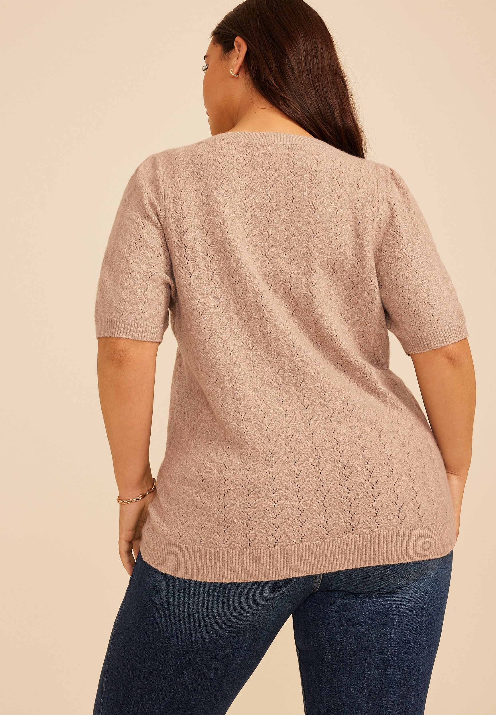 Plus Size Pointelle Elbow Puff Sleeve Sweater, C977, large