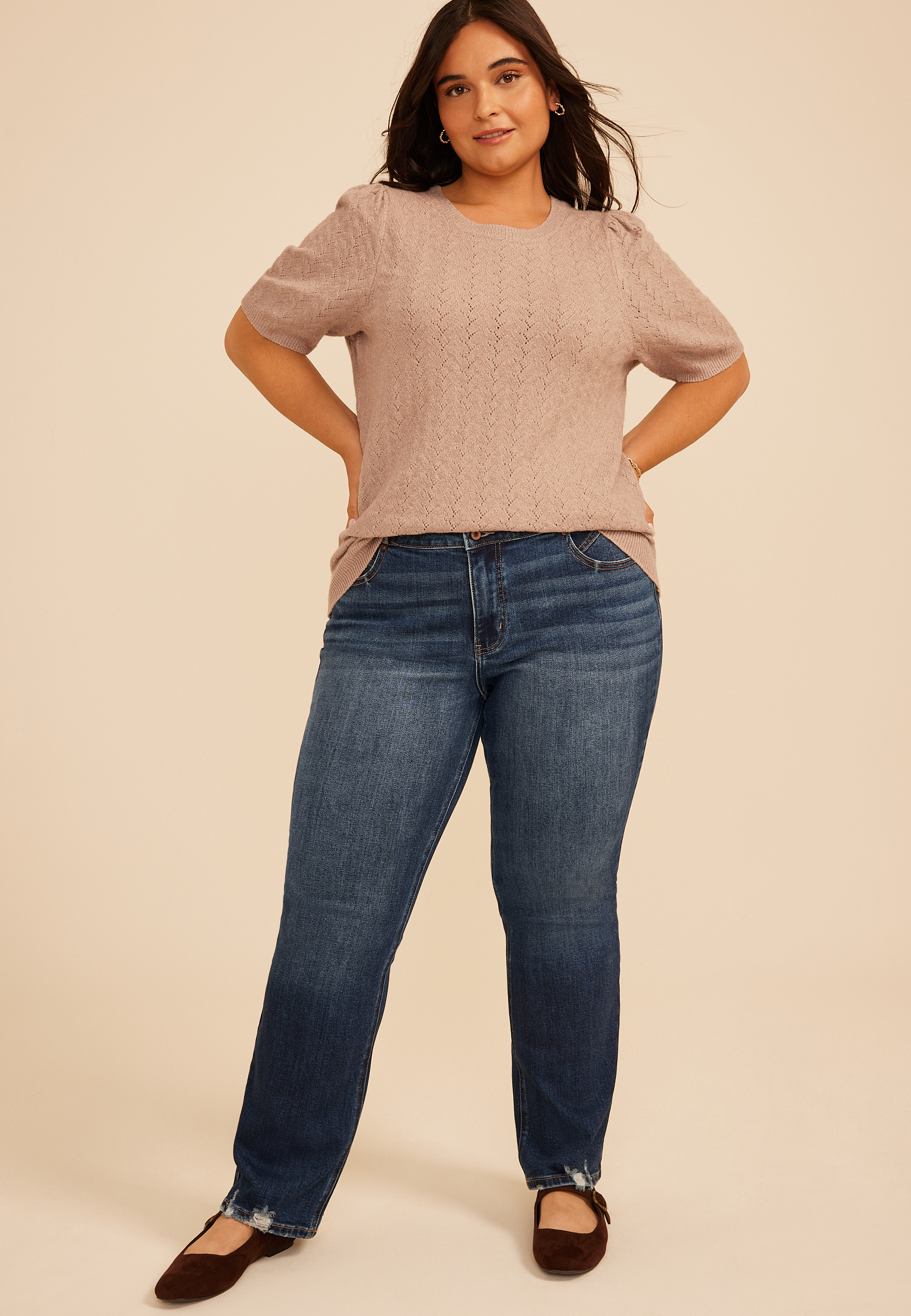 Plus Size Pointelle Elbow Puff Sleeve Sweater, C977, large