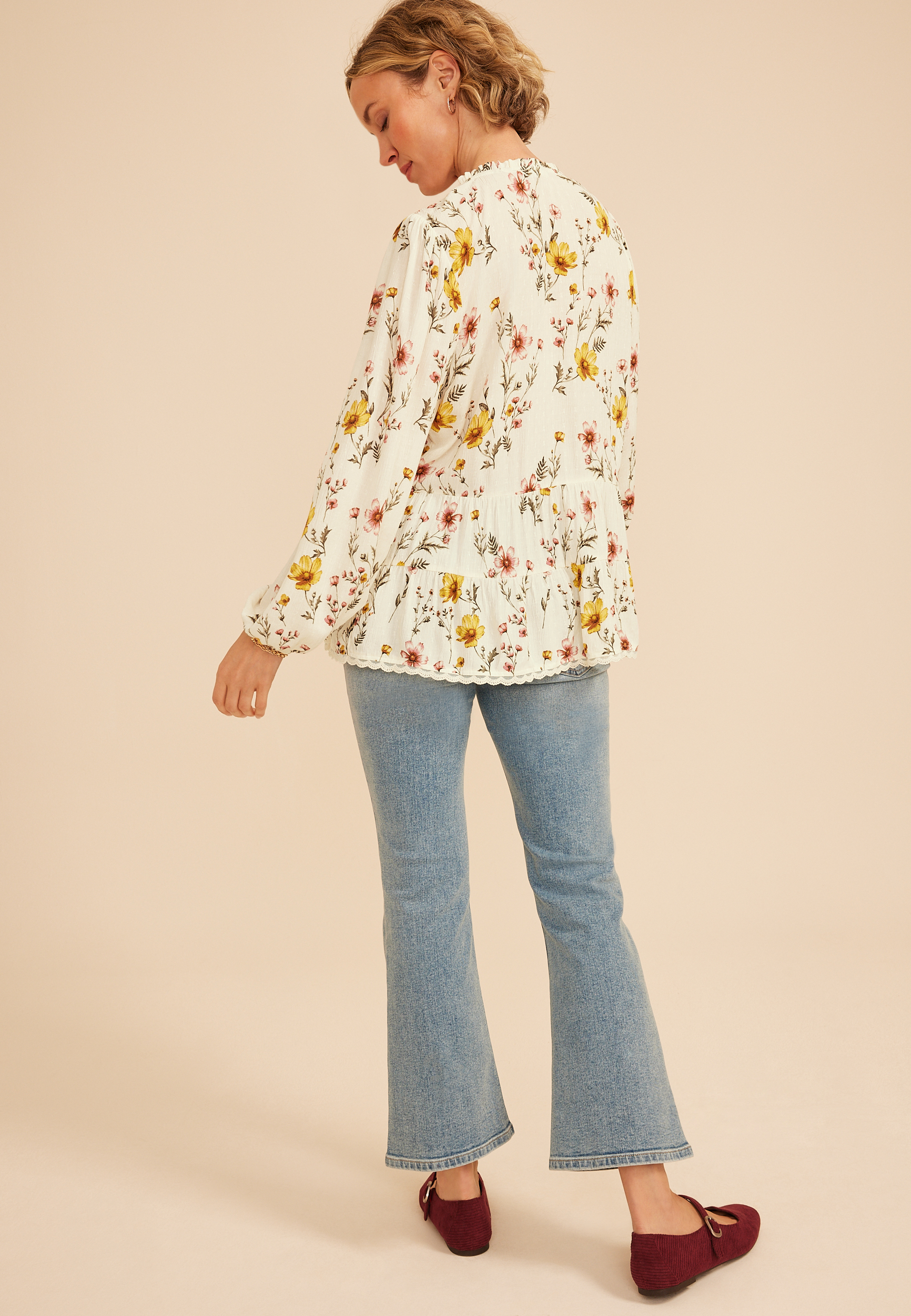 Floral Print Tiered Peasant Blouse, C1524, large