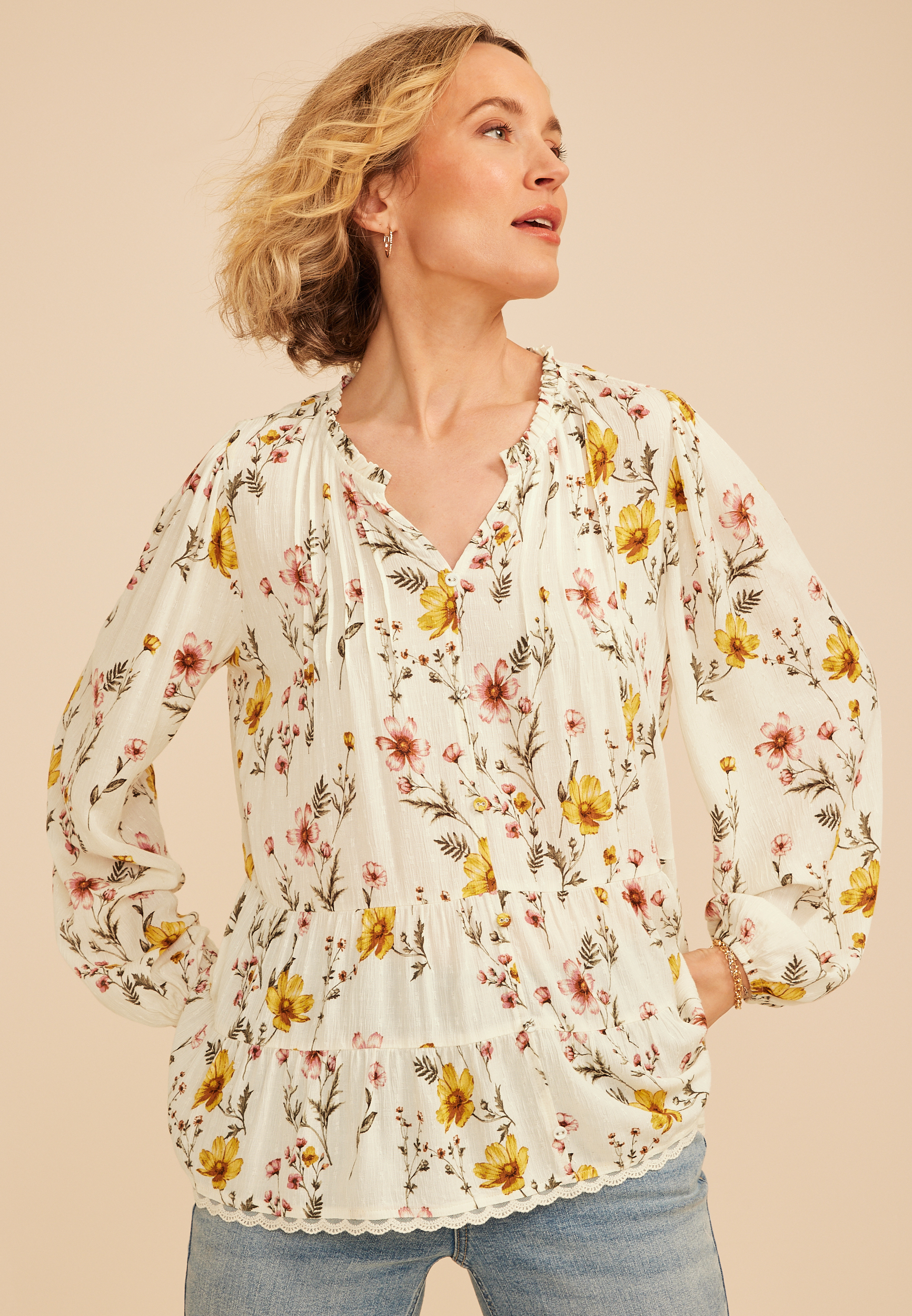 Floral Print Tiered Peasant Blouse, C1524, large