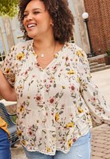 Plus Size Floral Print Tiered Peasant Blouse, C1524, small