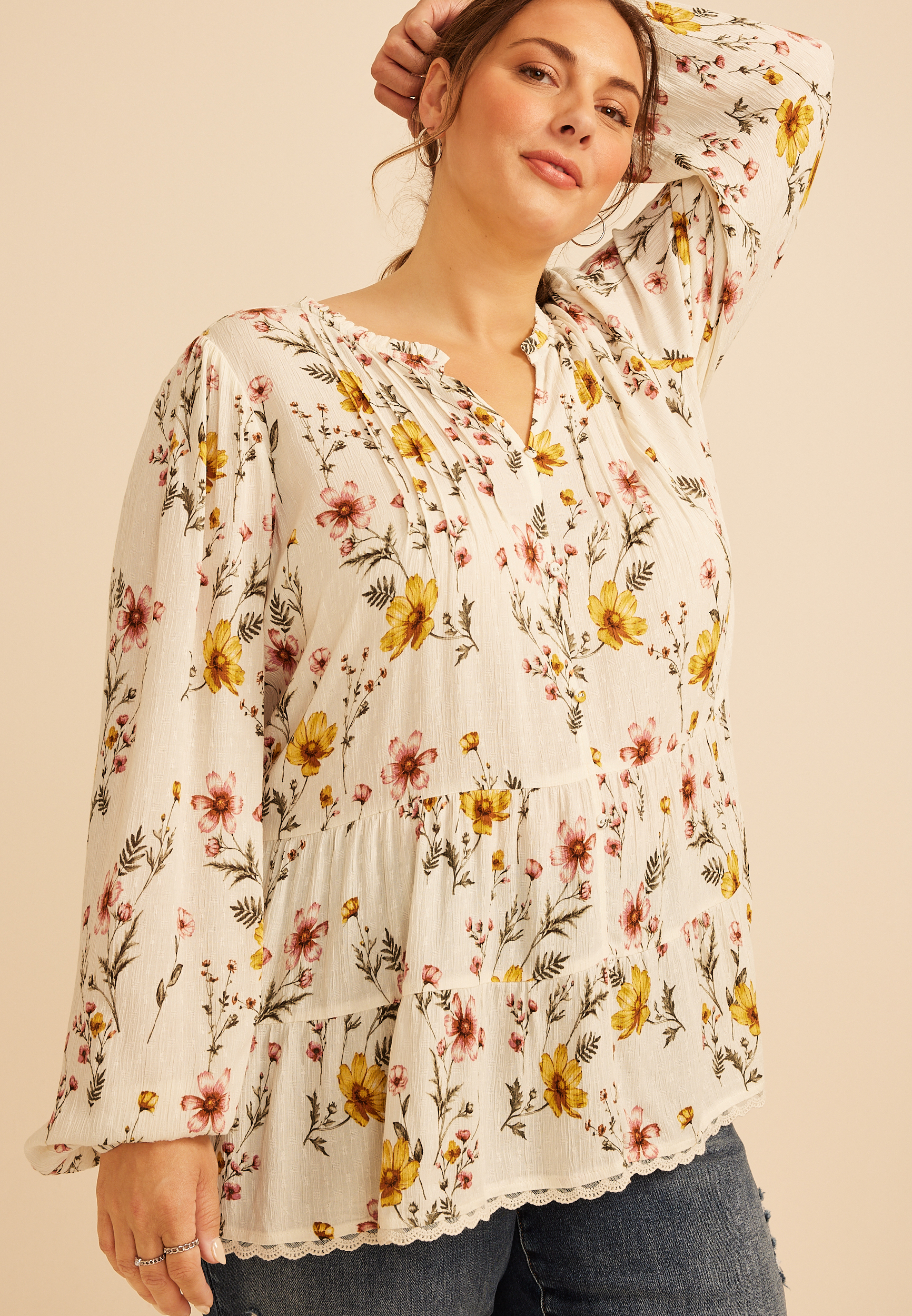 Plus Size Floral Print Tiered Peasant Blouse, C1524, large