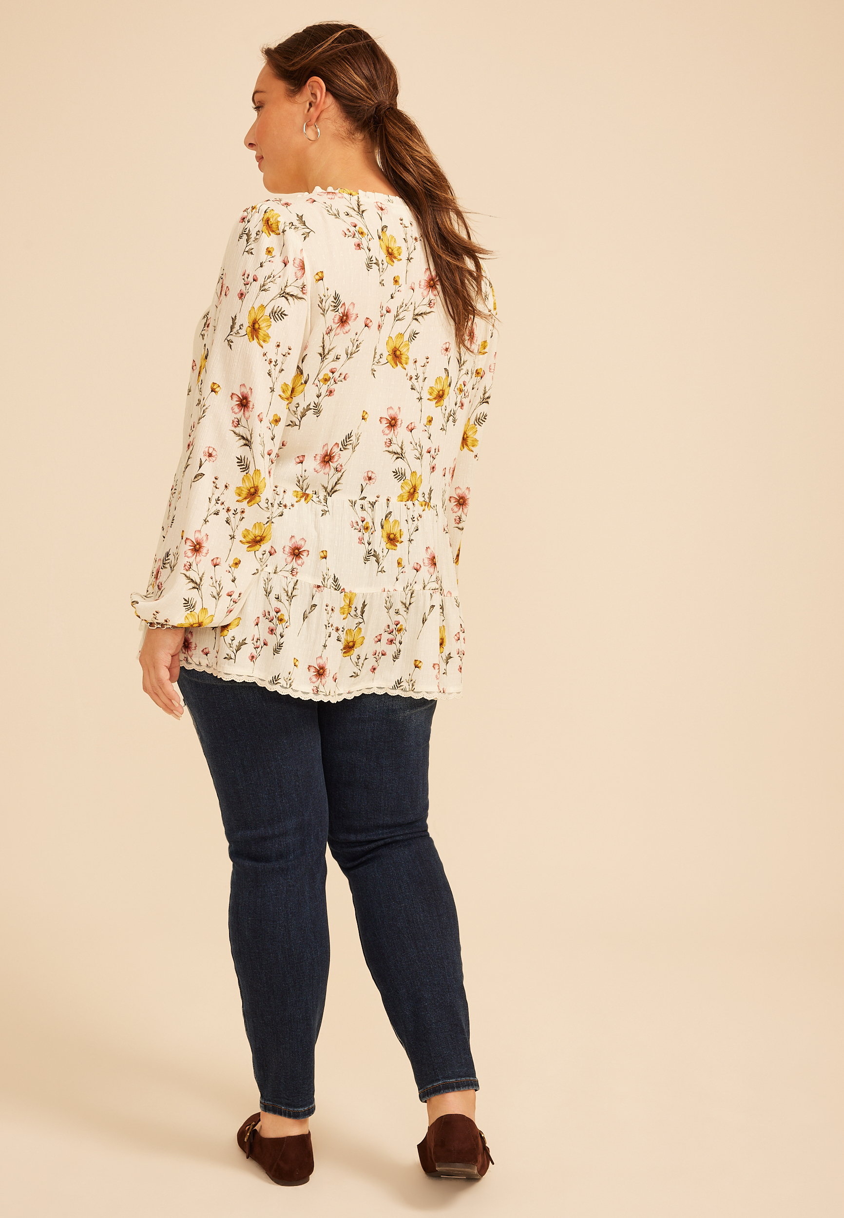 Plus Size Floral Print Tiered Peasant Blouse, C1524, large