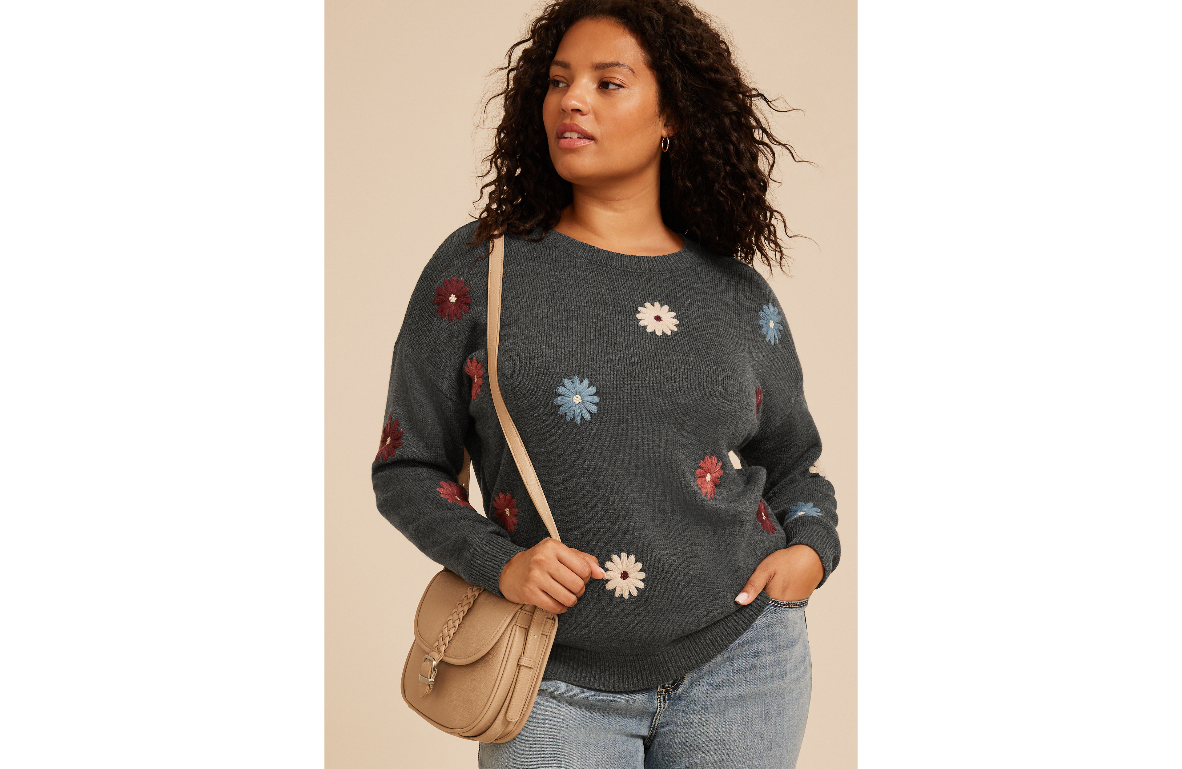 Plus Embroidered Floral Crew Neck Sweater