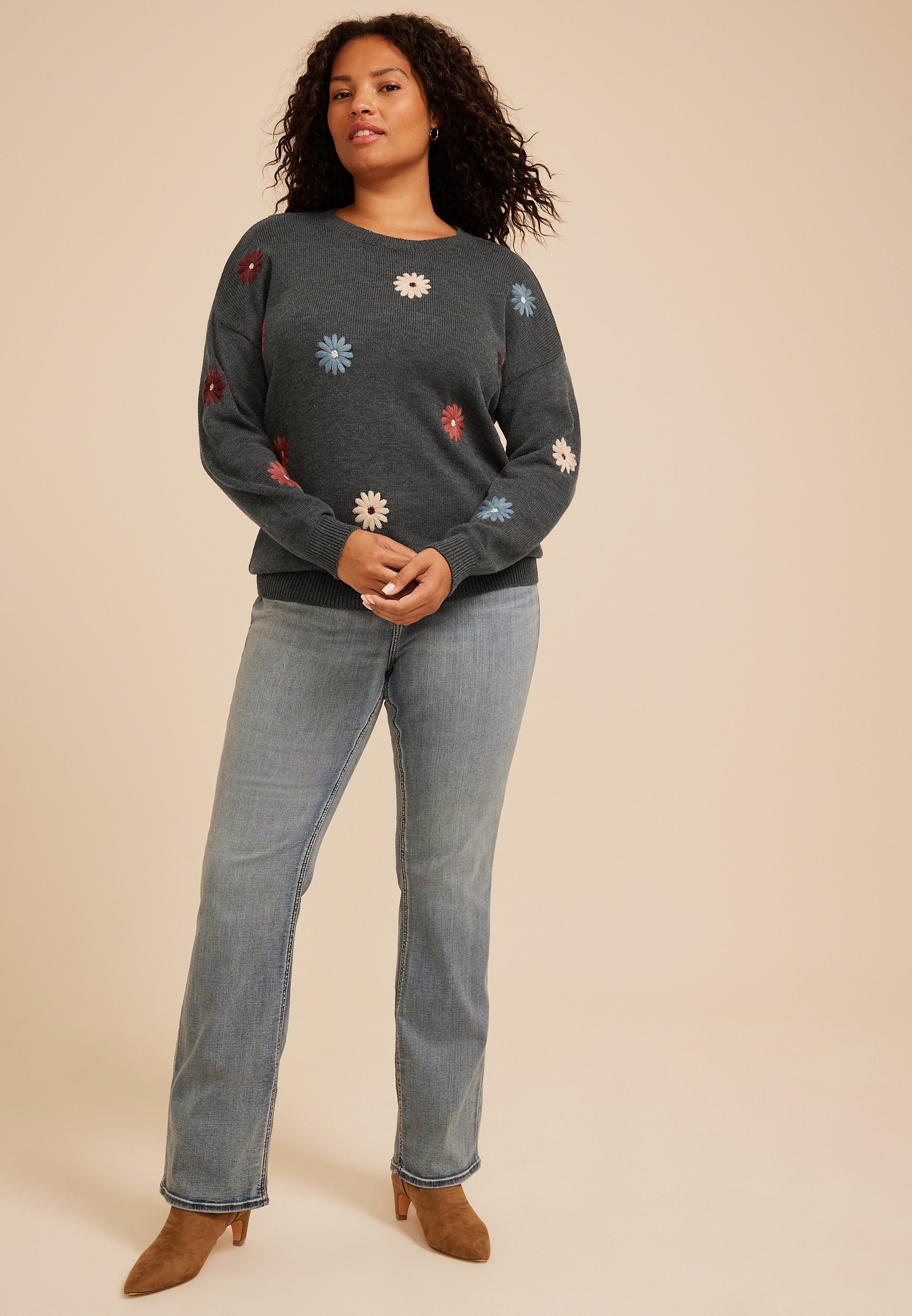 Plus Size Embroidered Floral Crew Neck Sweater, C1942, large