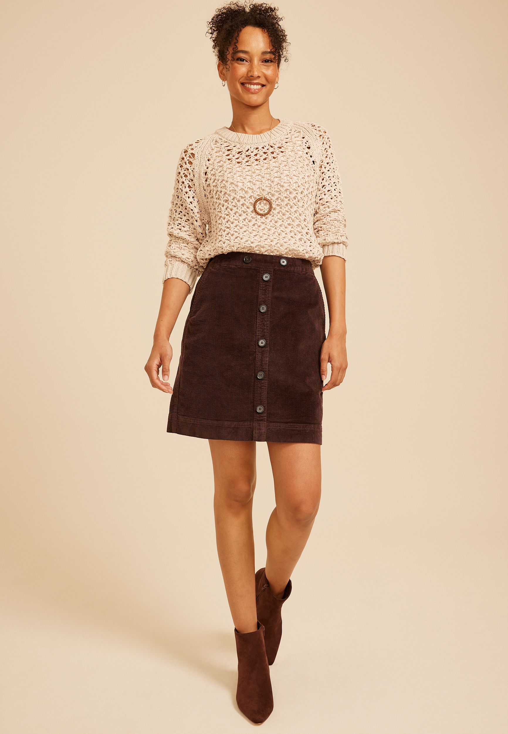 High Rise Faux Button Front Corduroy Skirt
