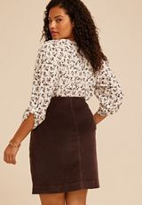 Plus Size High Rise Faux Button Front Corduroy Skirt, COFFEE BEAN, small