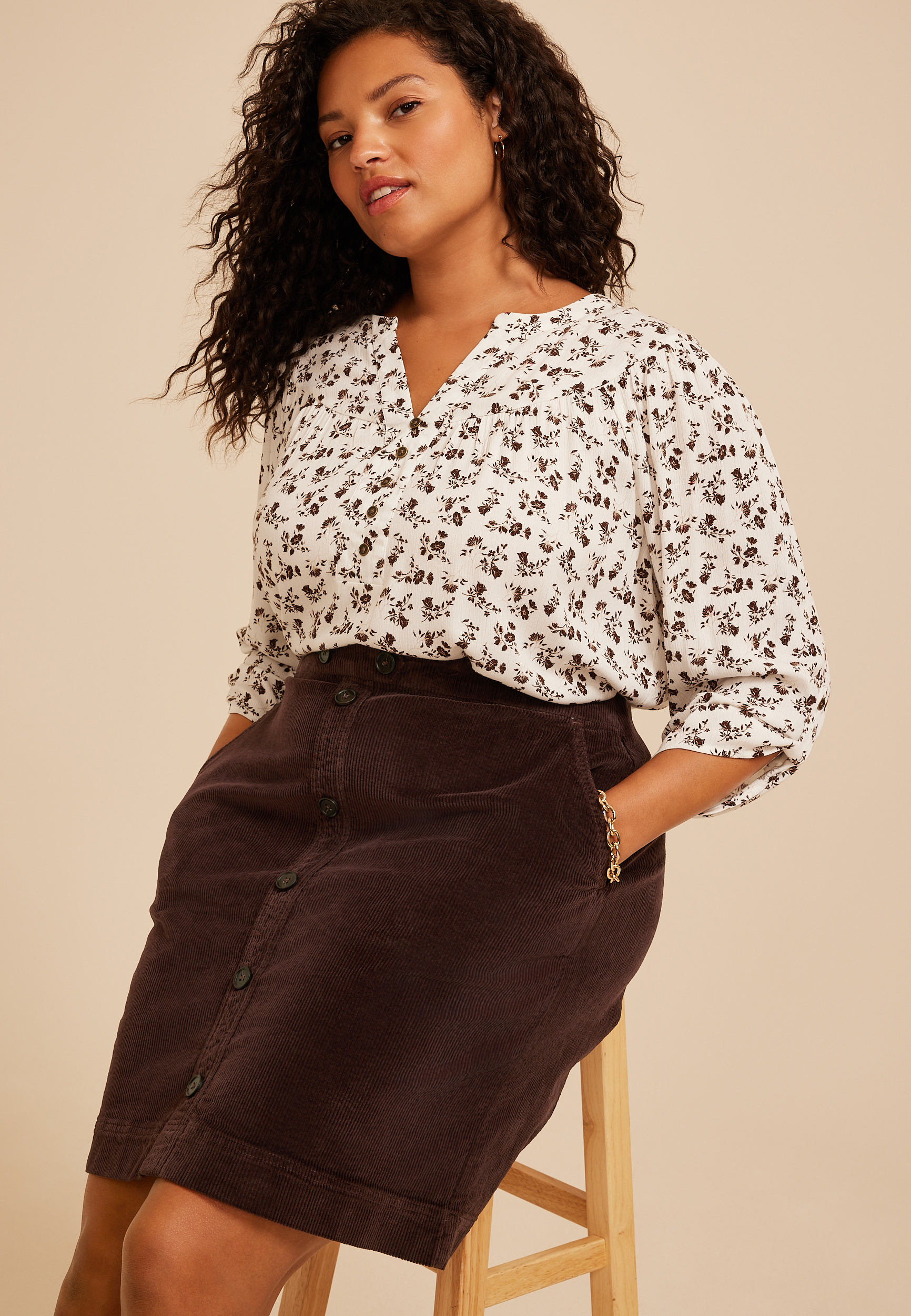 Plus Size High Rise Faux Button Front Corduroy Skirt, COFFEE BEAN, large