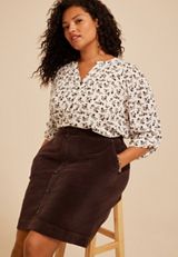 Plus Size High Rise Faux Button Front Corduroy Skirt, COFFEE BEAN, small