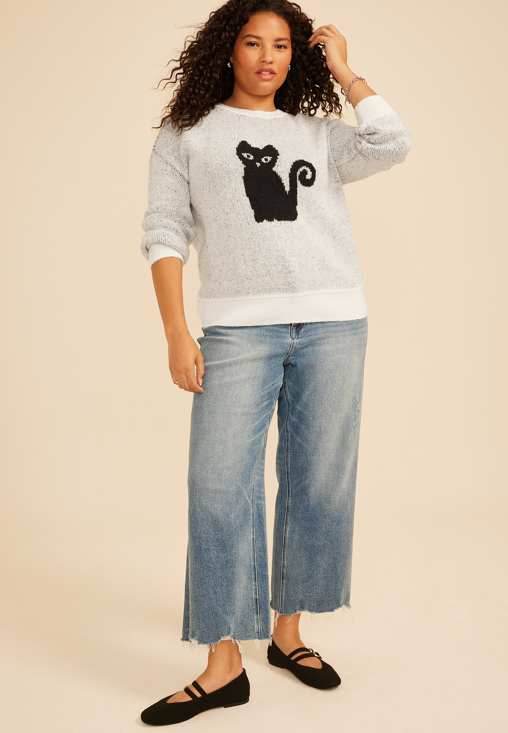 Plus Size Black Cat Icon Crew Neck Sweater