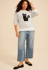 Plus Size Black Cat Icon Crew Neck Sweater, C1756, small