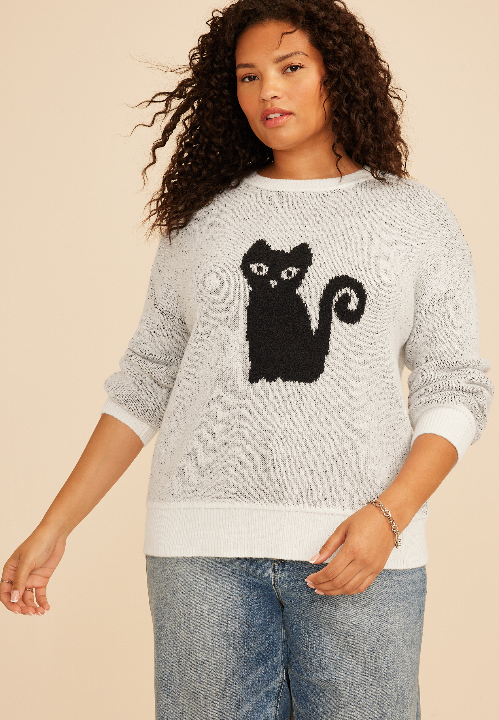 Plus Size Black Cat Icon Crew Neck Sweater, C1756, large