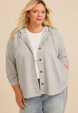 Plus Size Lace Shoulder Hooded Shacket, C3348, small