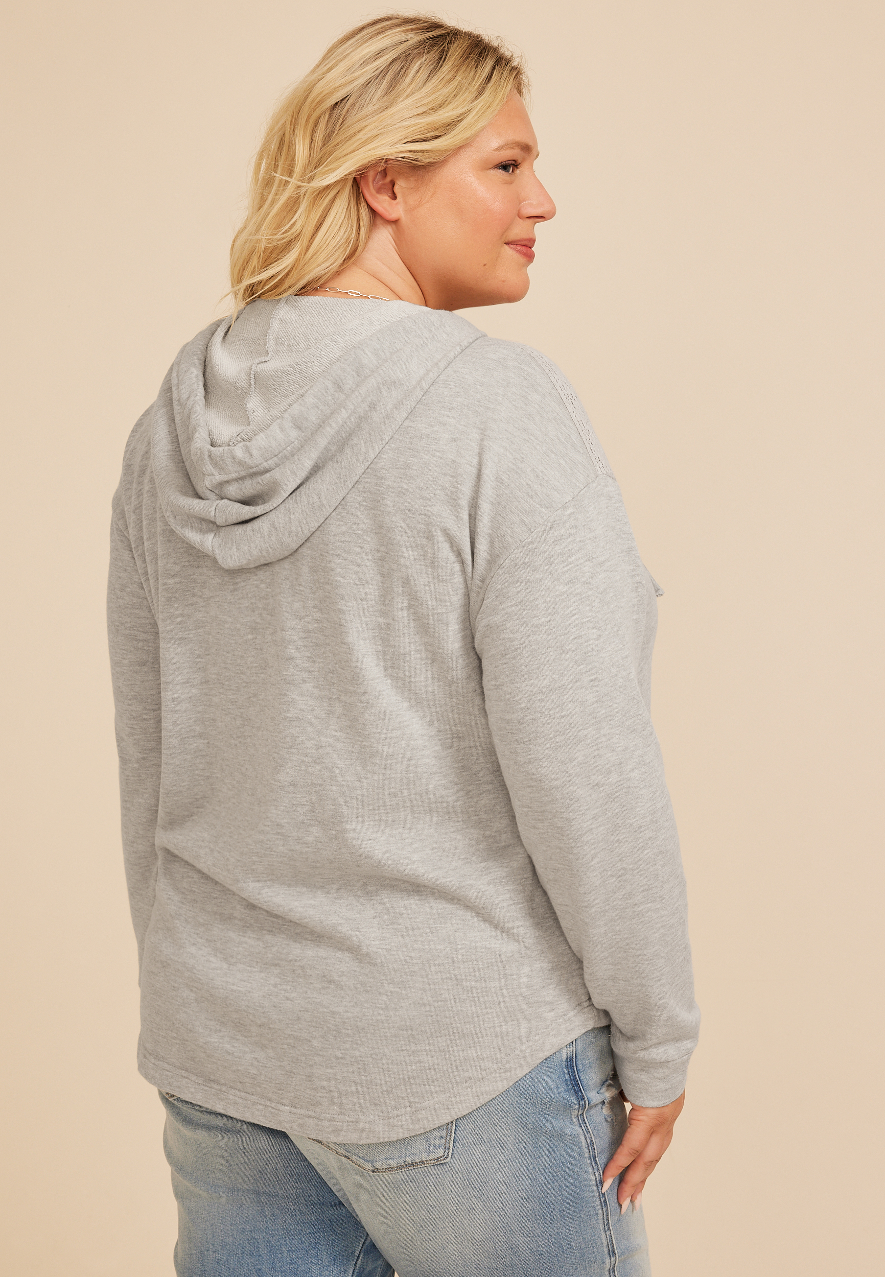 Plus Size Lace Shoulder Hooded Shacket, C3348, large