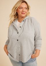 Plus Size Lace Shoulder Hooded Shacket, C3348, small