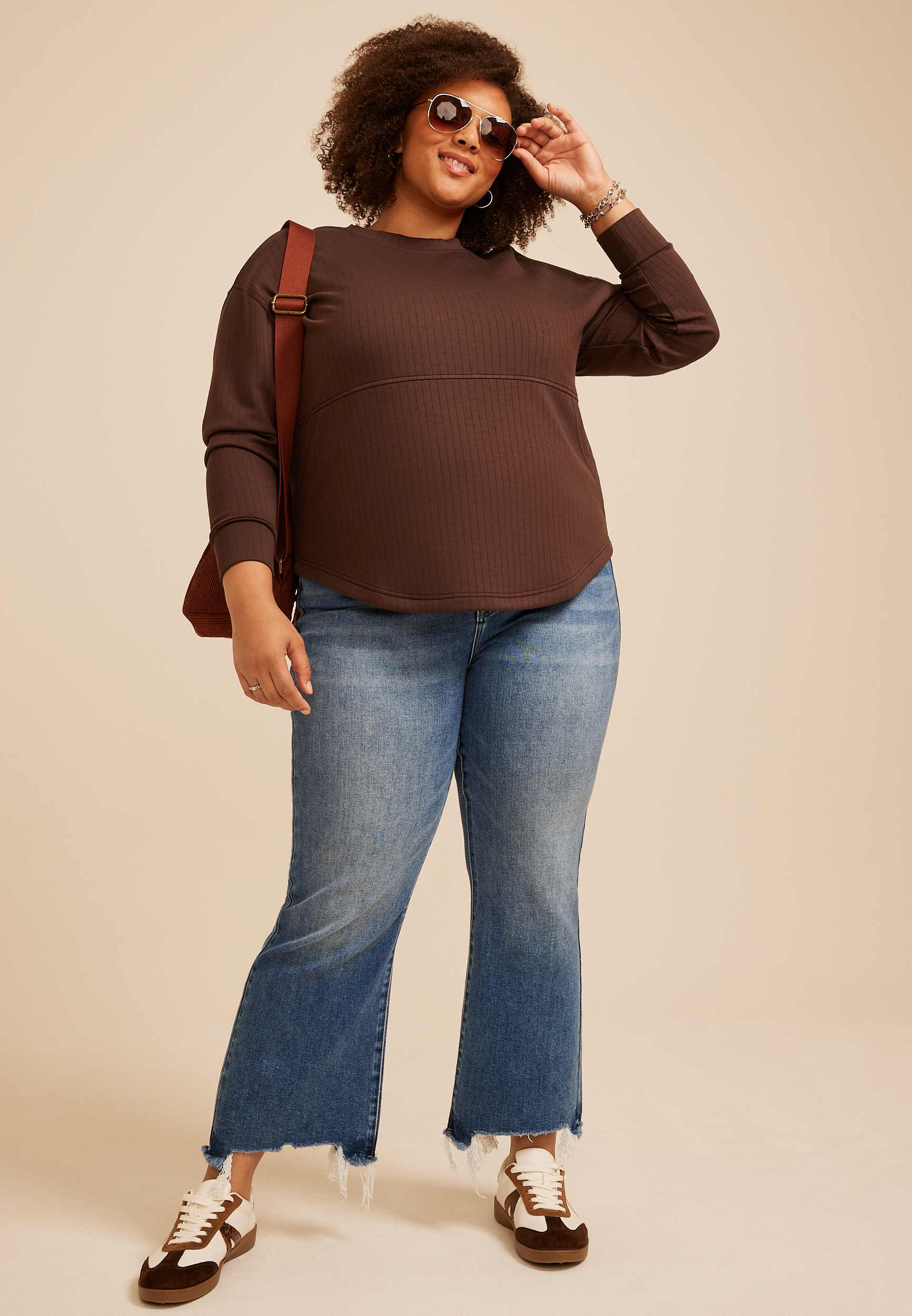 Plus Size Drop Needle Cloud Scuba Crew Neck Sweatshirt, COFFEE BEAN, large