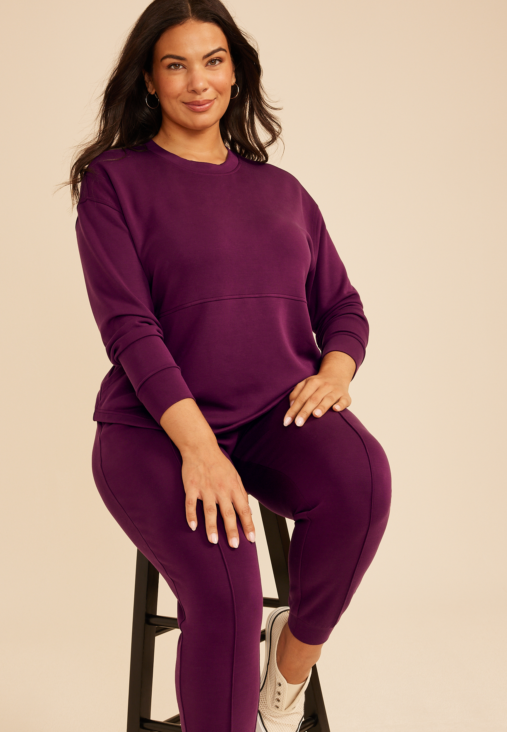 Plus Size Cloud Scuba Knit Crew Neck Sweatshirt, POTENT PURPLE, large