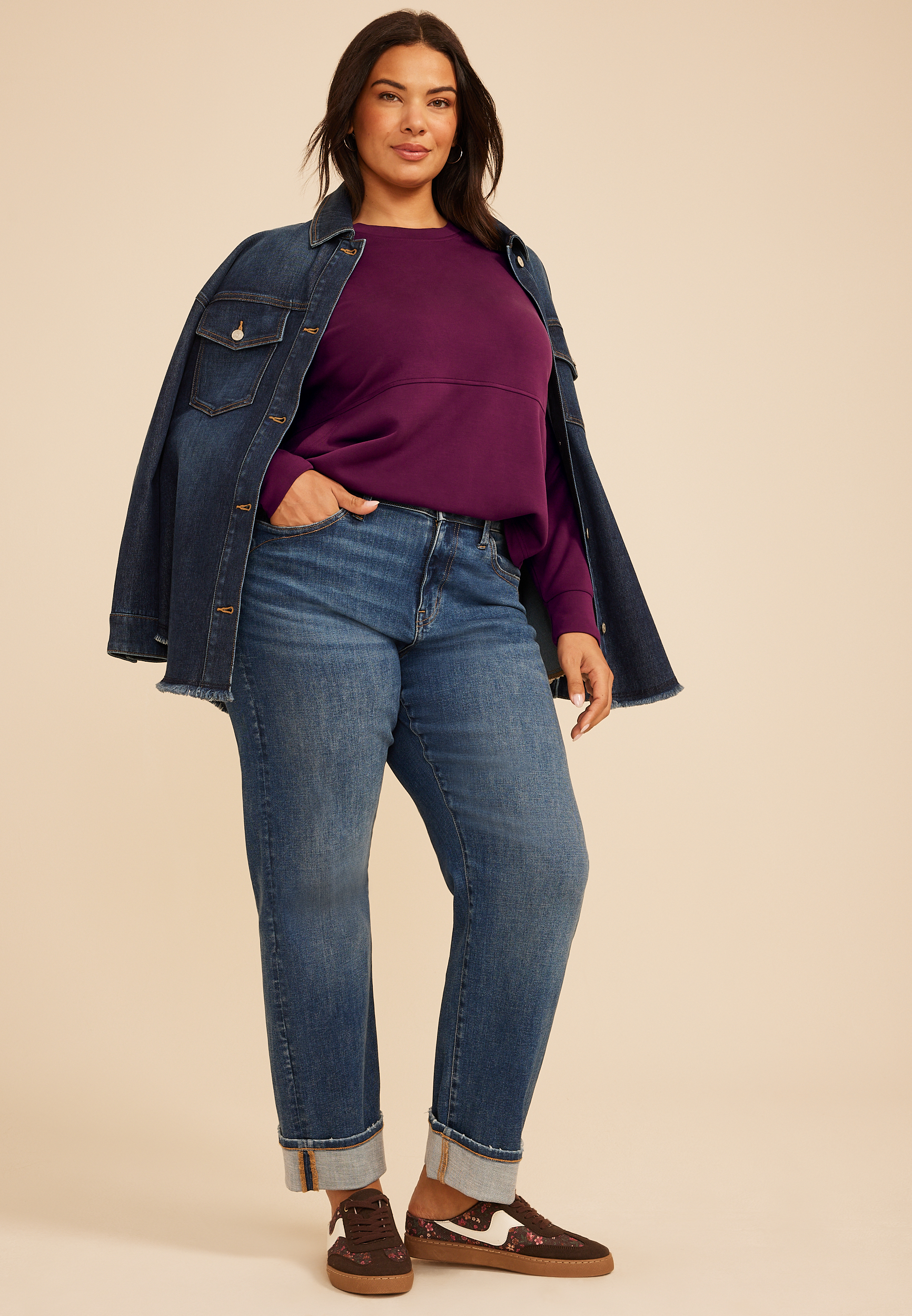 Plus Size Cloud Scuba Knit Crew Neck Sweatshirt, POTENT PURPLE, large
