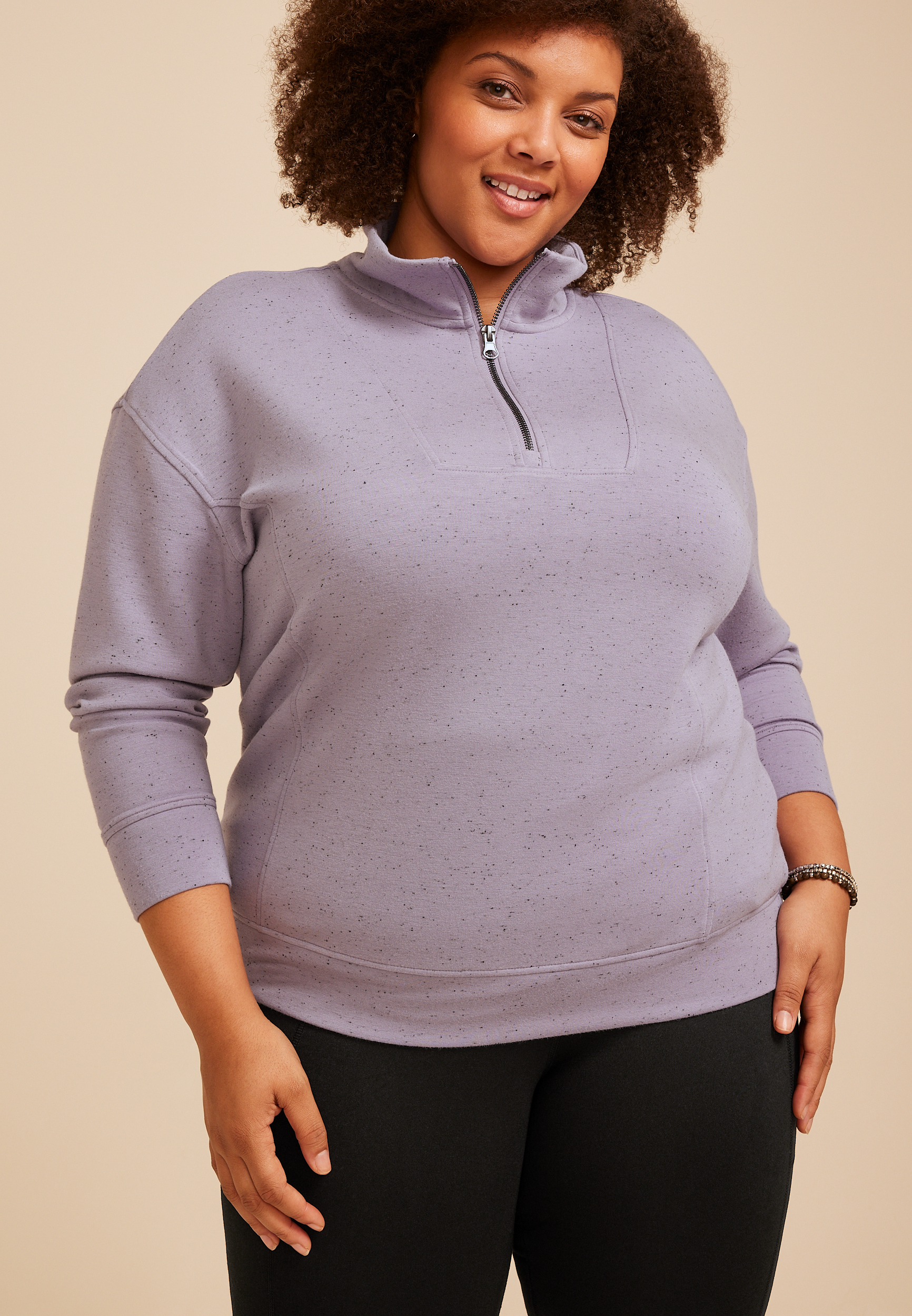 Plus Size Cloud Scuba Knit Speckled Half Zip Sweatshirt, LAVENDER GRAY, large