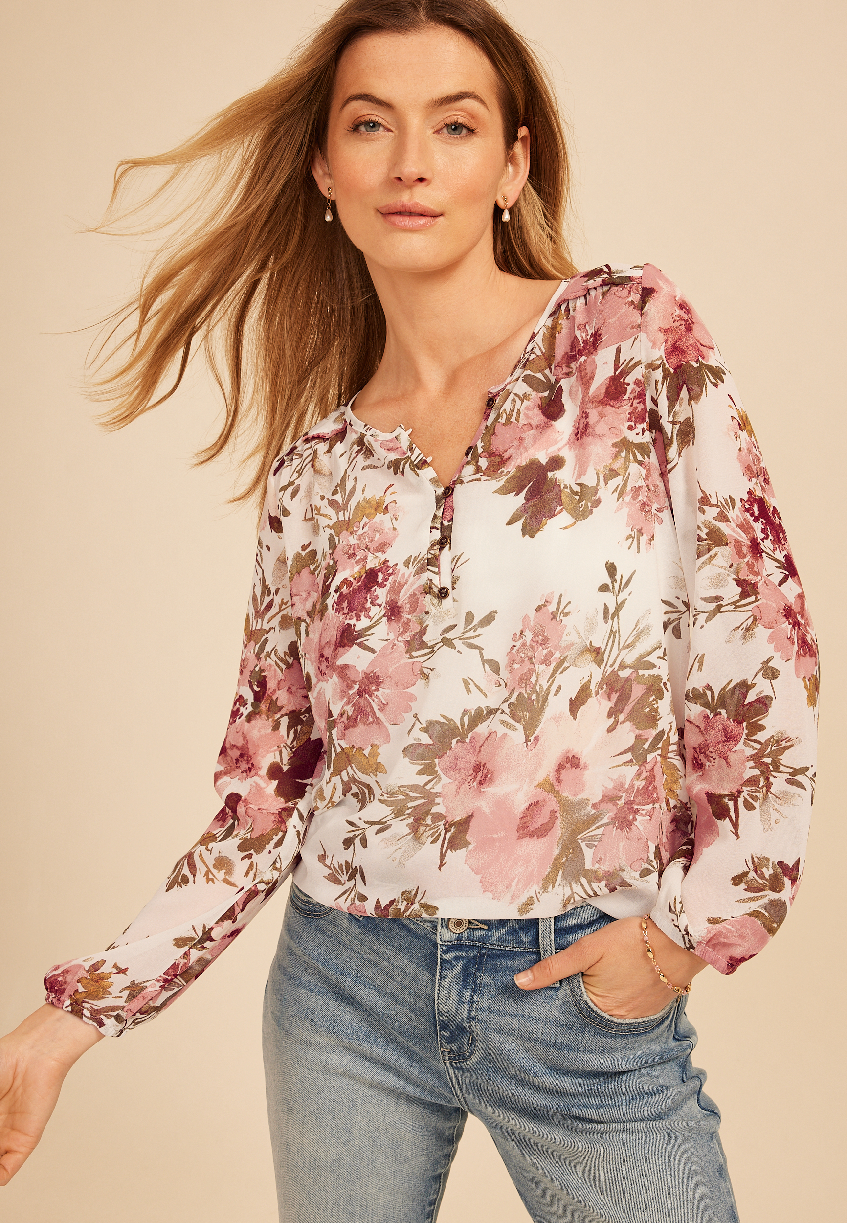 Floral Chiffon Henley Blouse