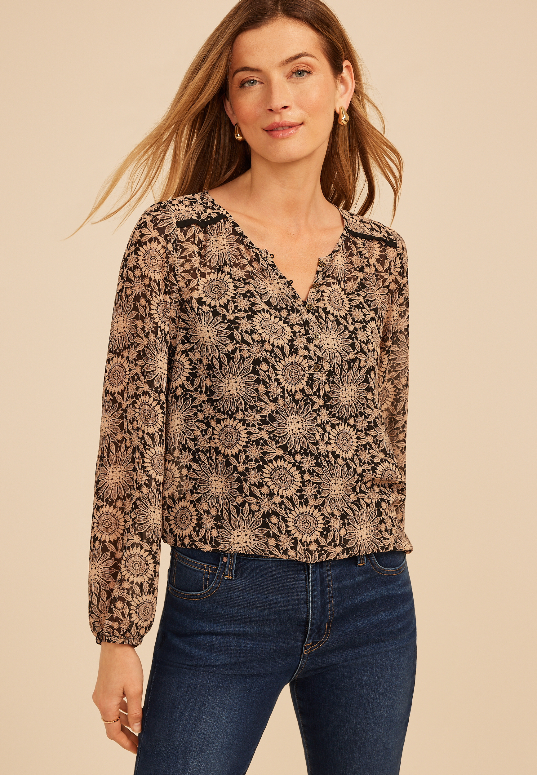 Floral Chiffon Henley Blouse, C1756, large