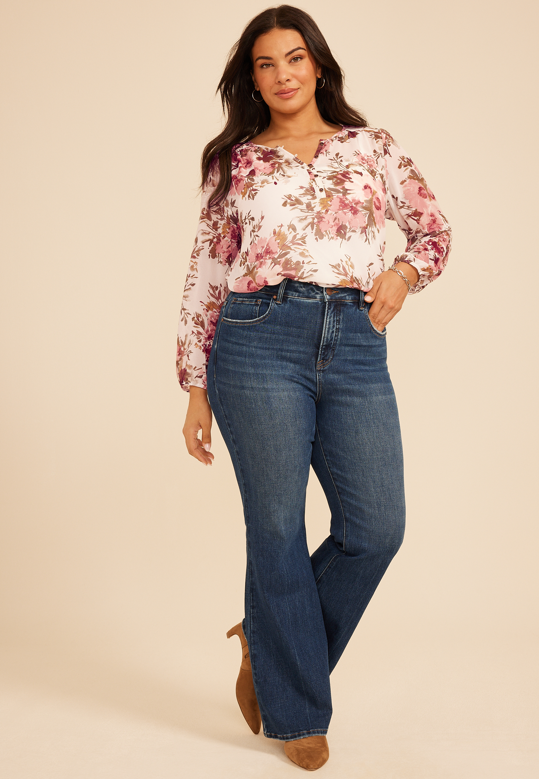 Plus Size Floral Chiffon Henley Blouse