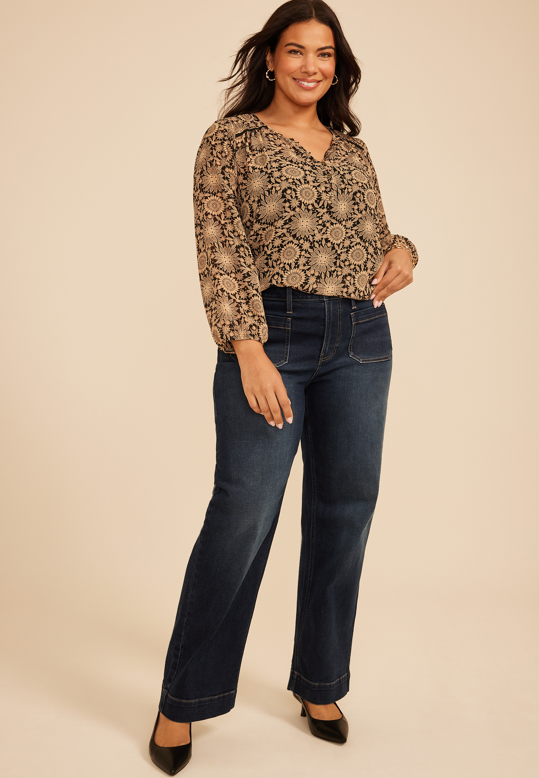 Plus Size Floral Chiffon Henley Blouse, C1756, large