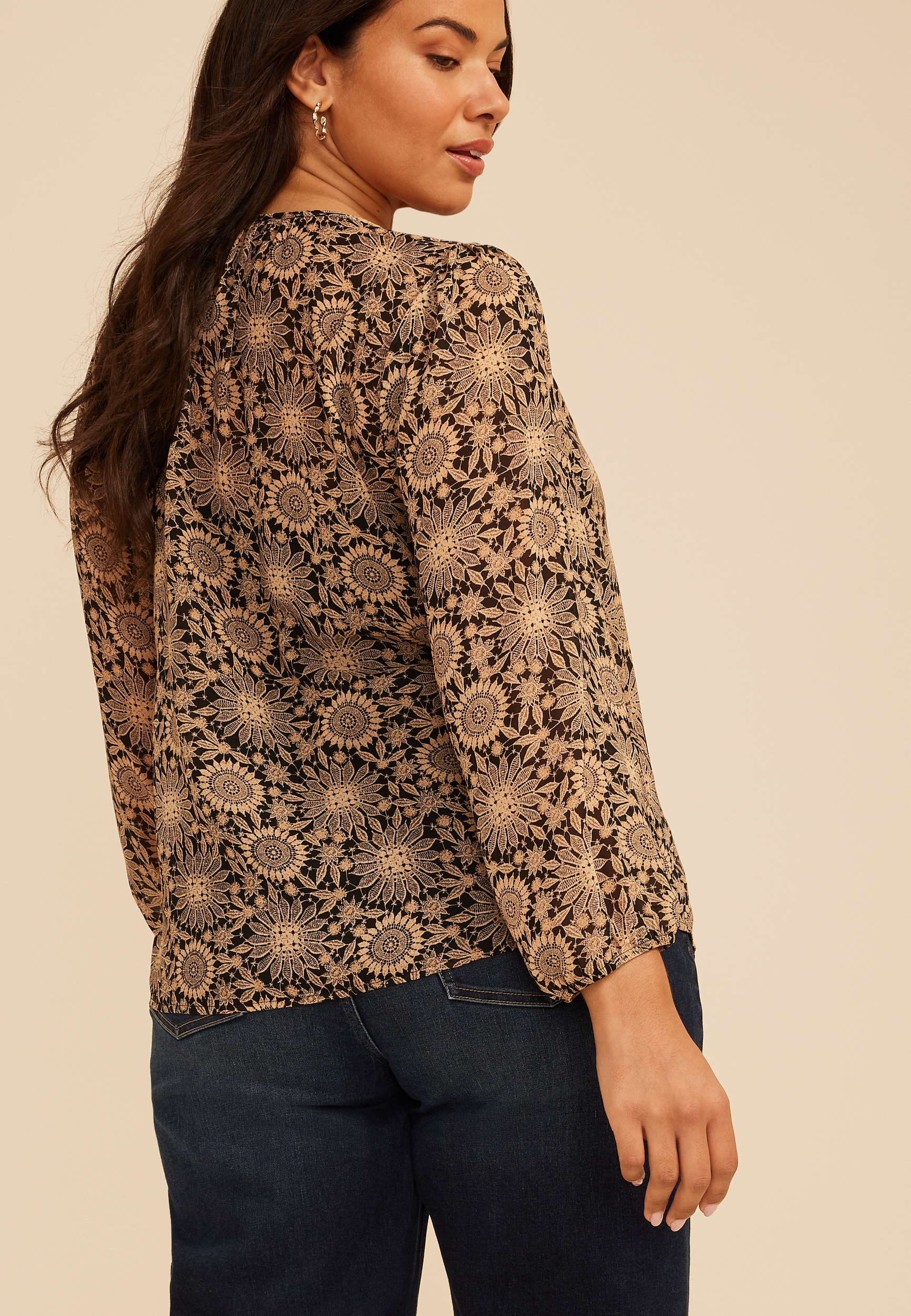 Plus Size Floral Chiffon Henley Blouse, C1756, large
