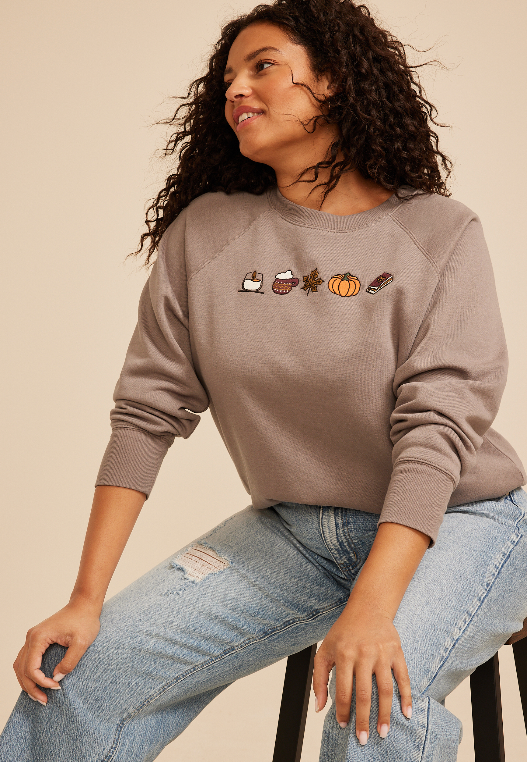Plus Size Fall Icon Embroidered Graphic Sweatshirt