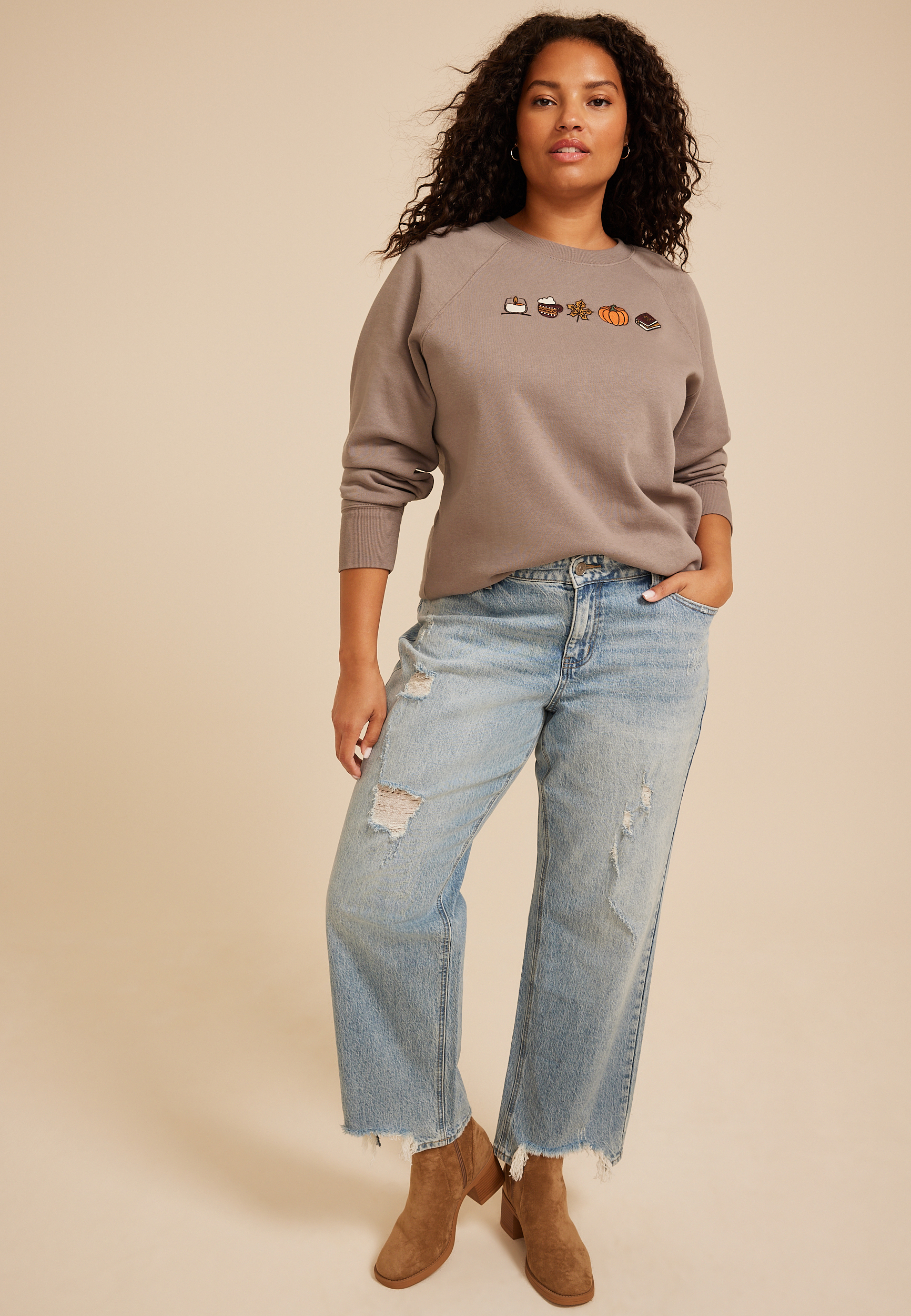 Plus Size Fall Icon Embroidered Graphic Sweatshirt, SATELITE, large