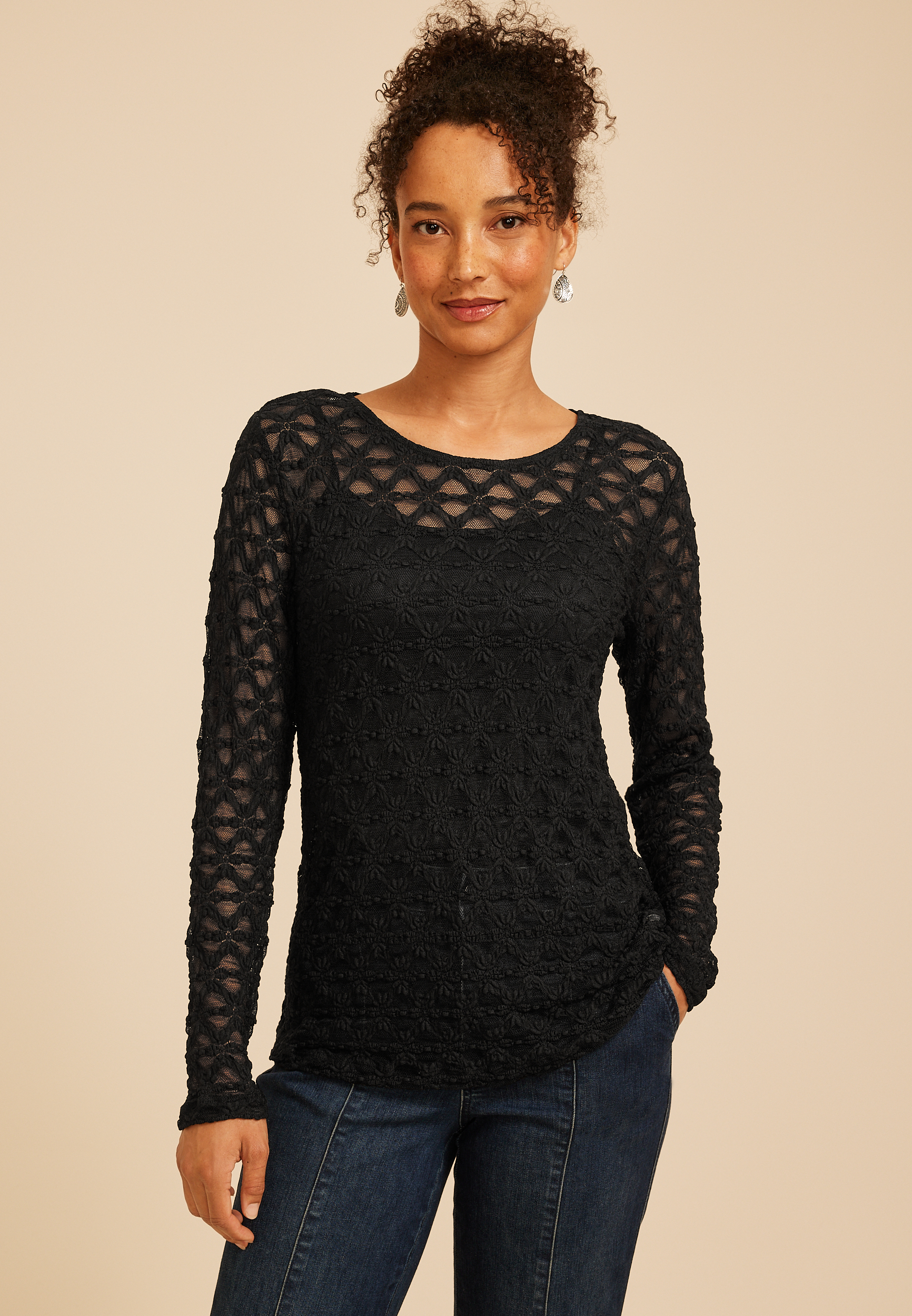 Sheer Floral Lace Long Sleeve Top