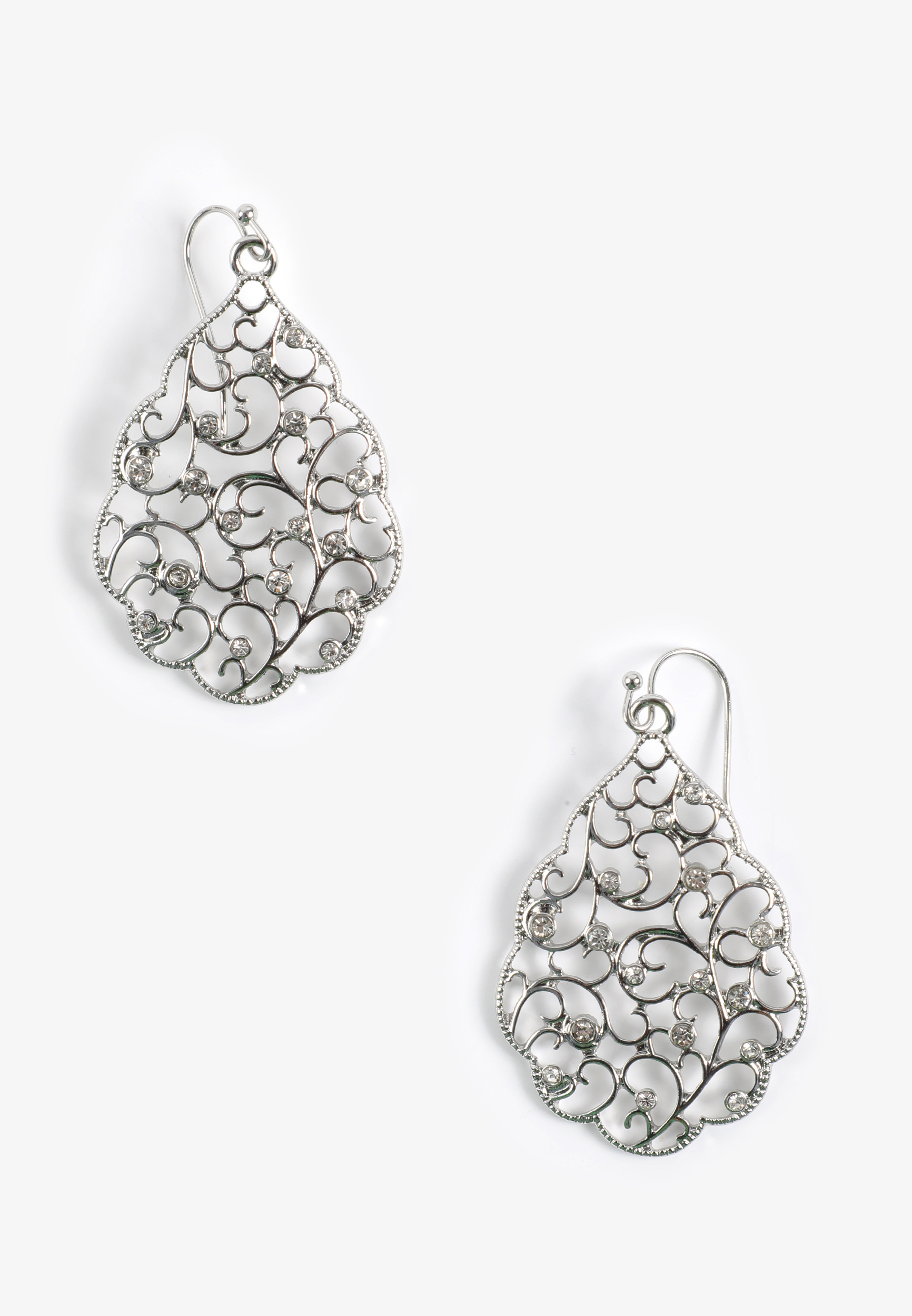 Silver Crystal Filigree Drop Earrings