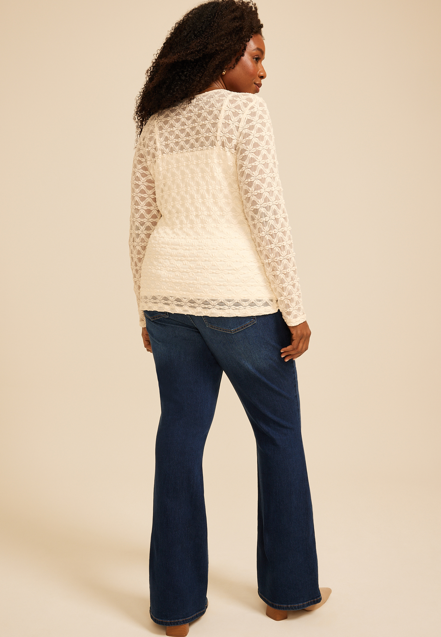Plus Size Sheer Floral Lace Long Sleeve Top, C8232, large