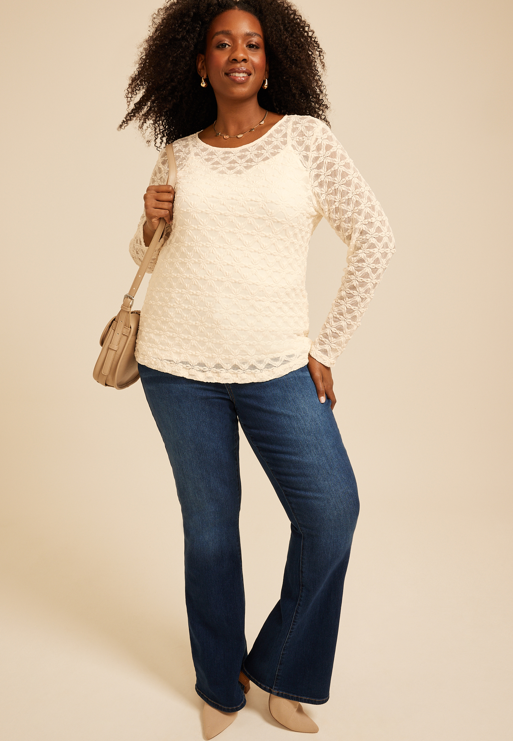 Plus Size Sheer Floral Lace Long Sleeve Top, C8232, large