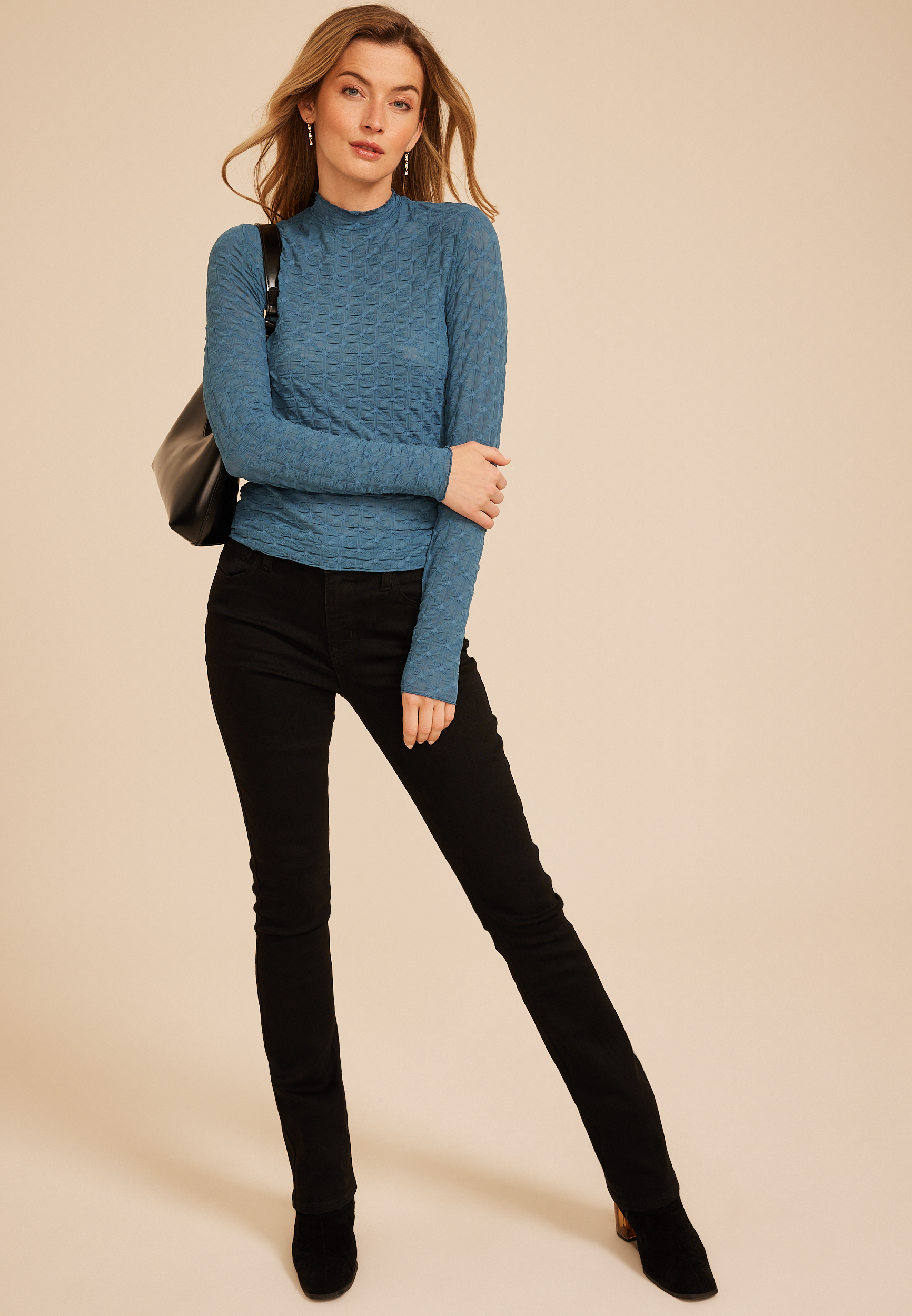 Textured Mesh Mock Neck Top, C1387, large