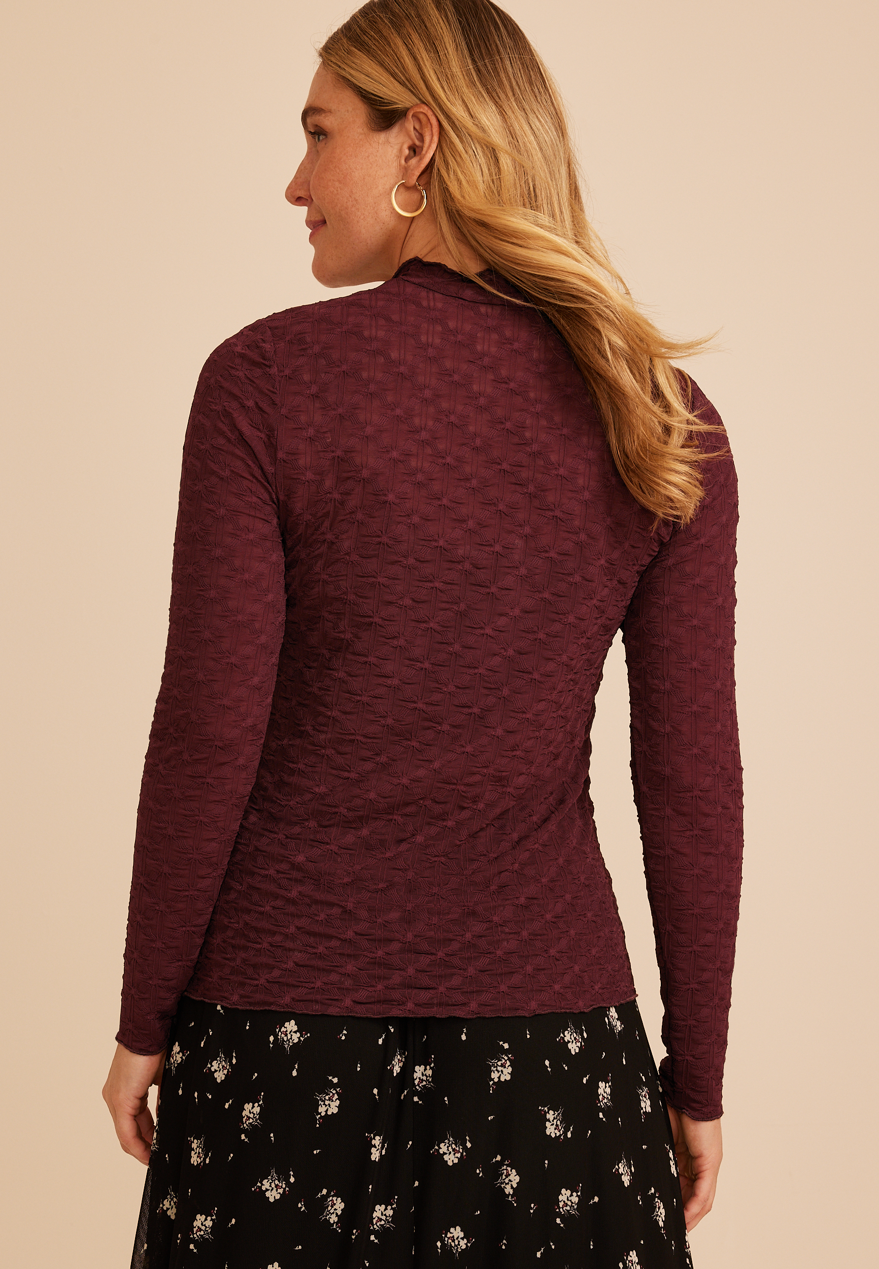 Textured Mesh Mock Neck Top, C5221, large