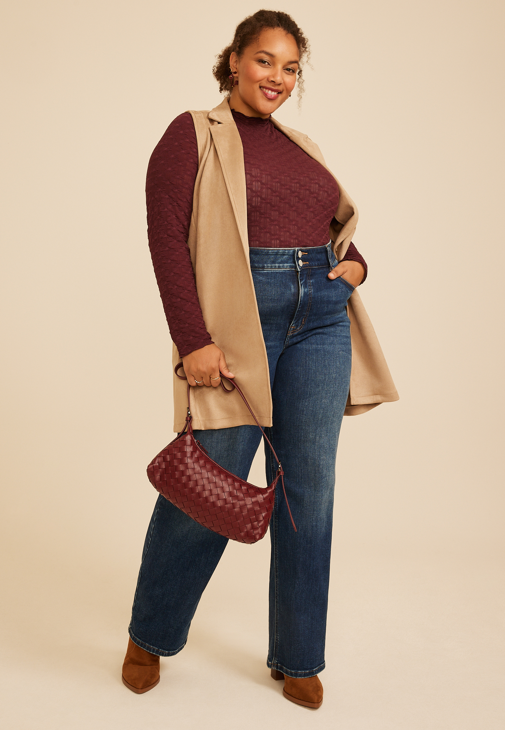 Plus Size Textured Mesh Mock Neck Top