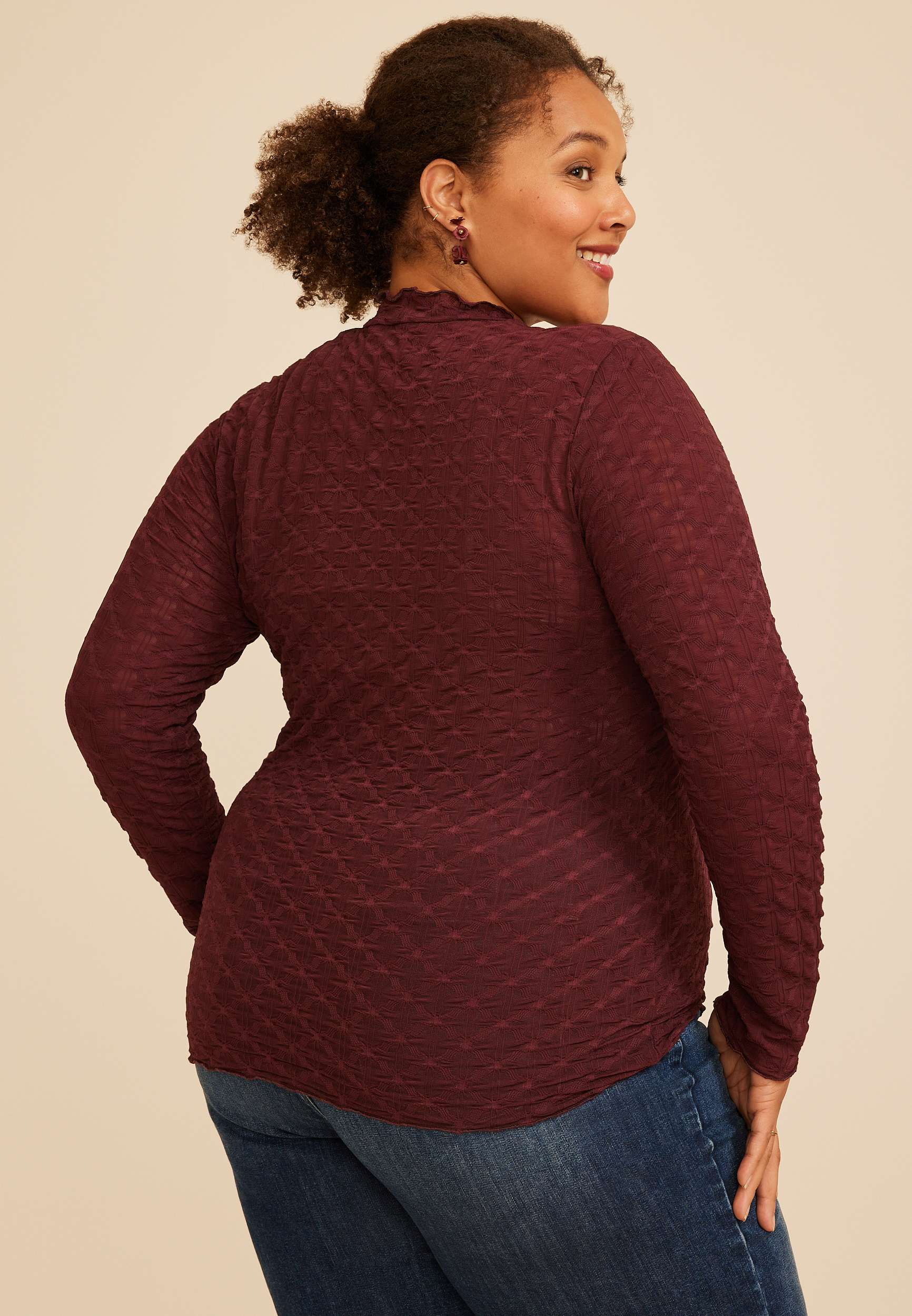 Plus Size Textured Mesh Mock Neck Top, C5221, large