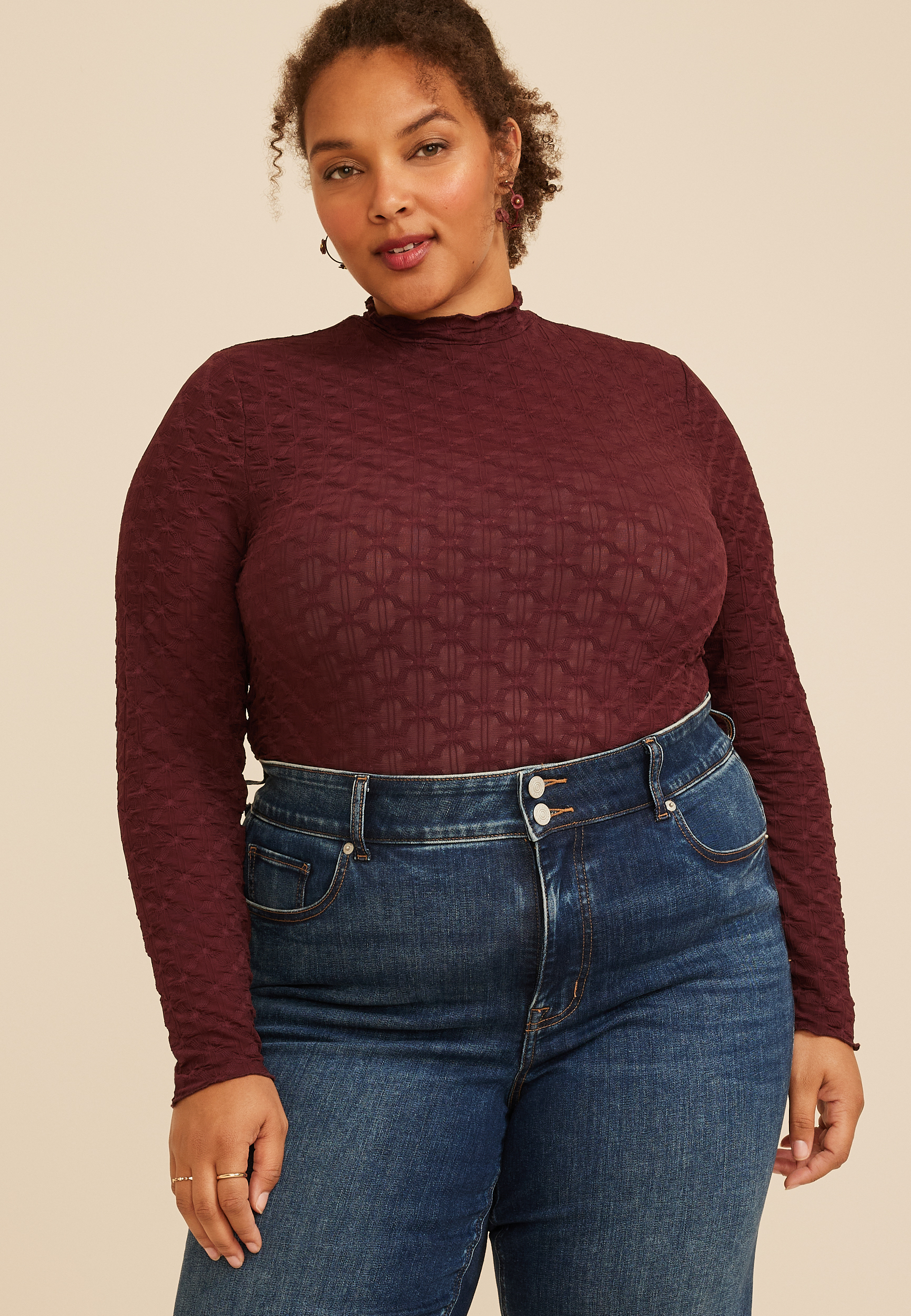 Plus Size Textured Mesh Mock Neck Top, C5221, large