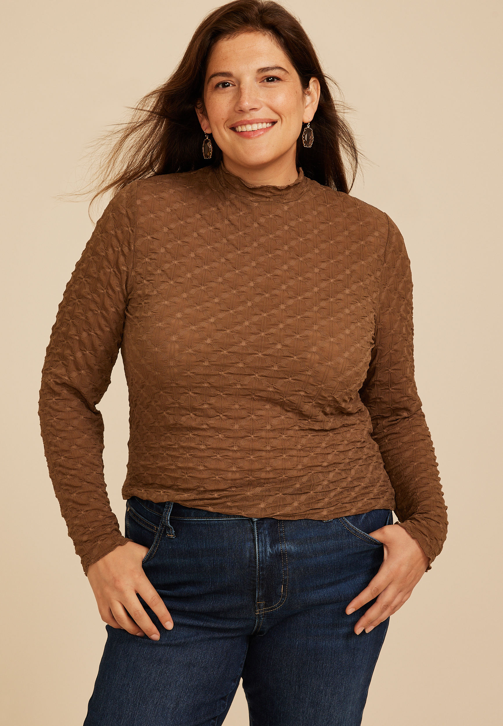 Plus Size Textured Mesh Mock Neck Top