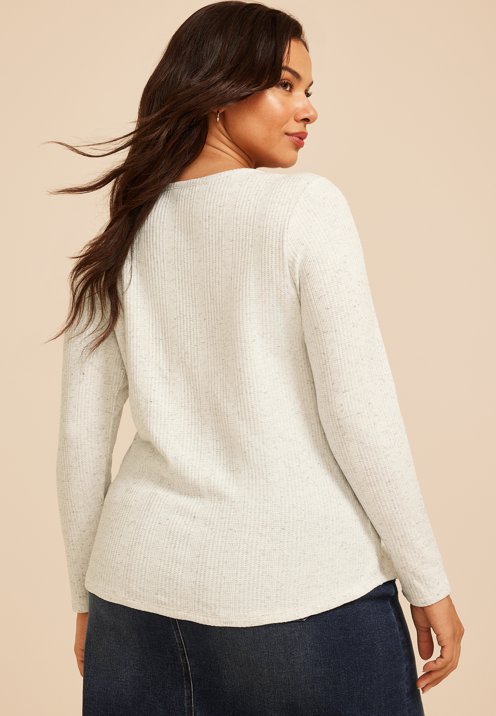 Plus Size Speckled Variegated Rib Henley Long Sleeve Top, C223, large