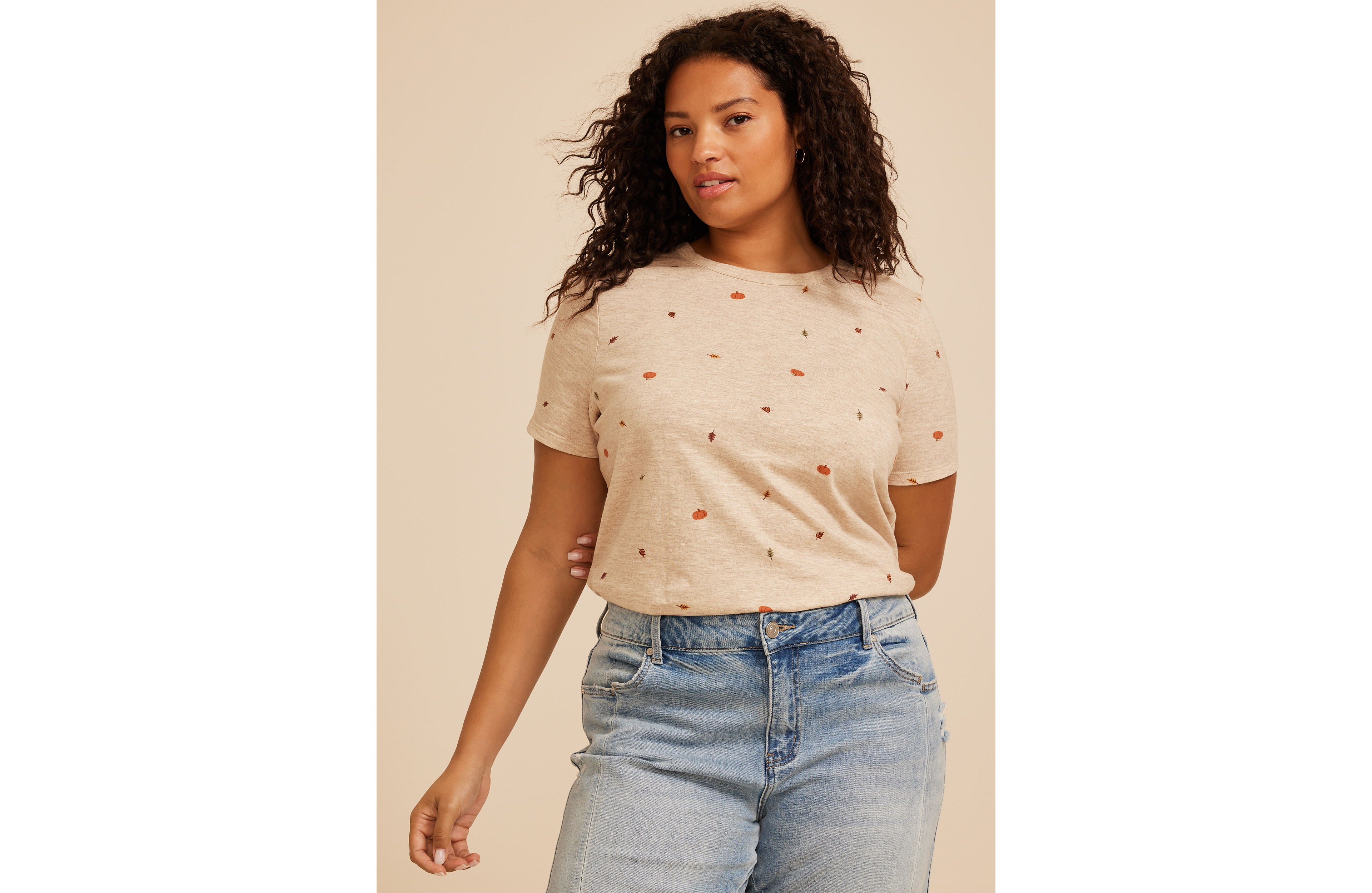 Plus 24/7 Dawson Pumpkin And Leaf Crew Neck Tee