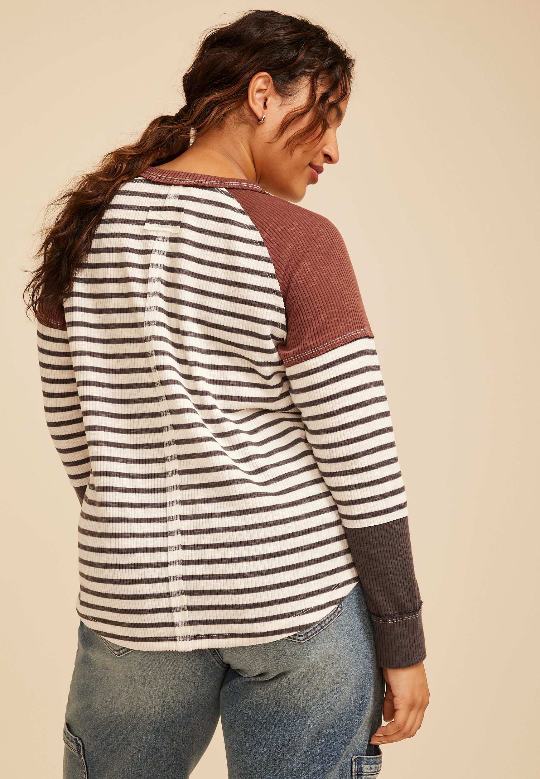 Plus Size Striped Colorblock Ribbed Raglan Tee, C5487, large