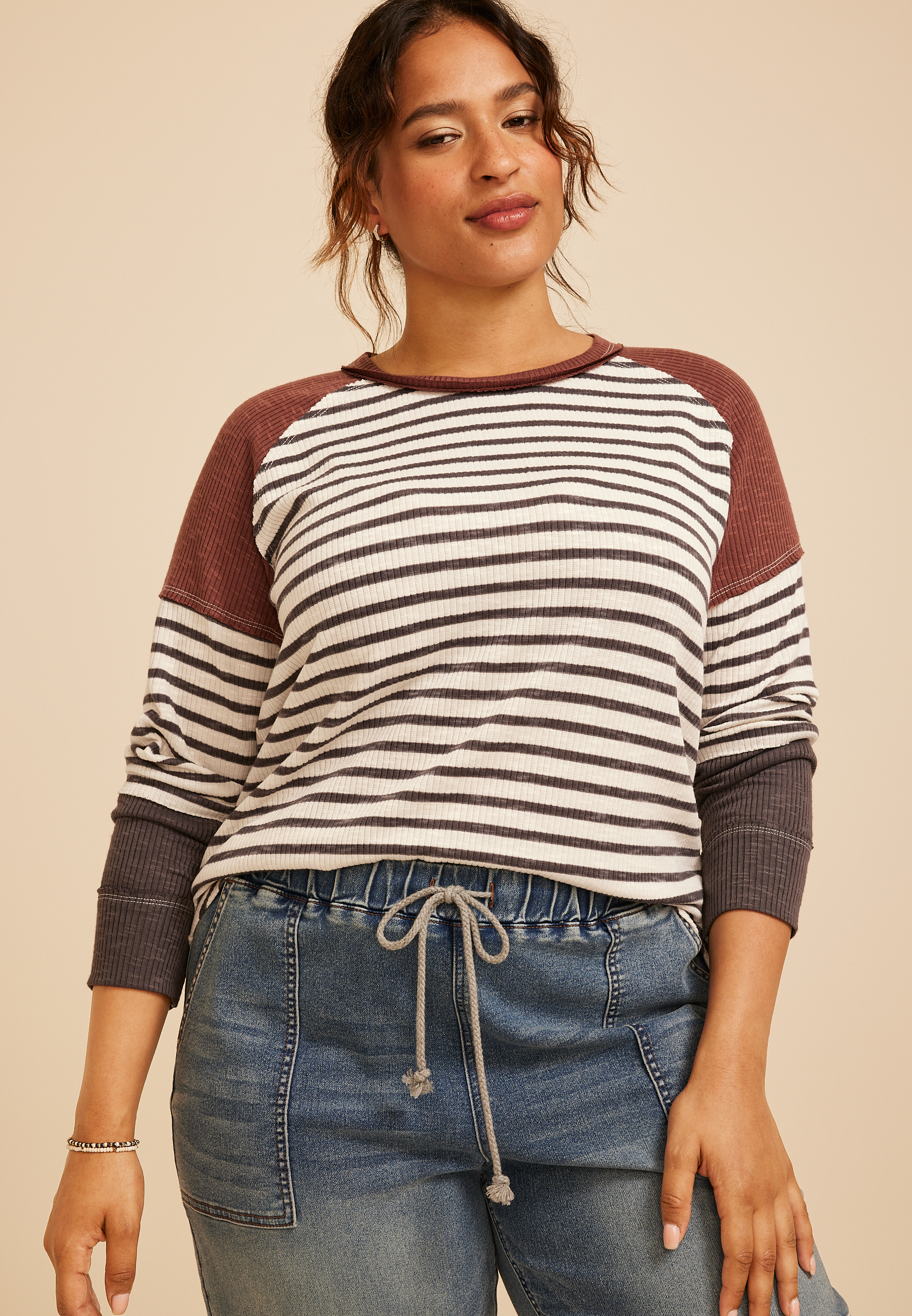 Plus Size Striped Colorblock Ribbed Raglan Tee, C5487, large