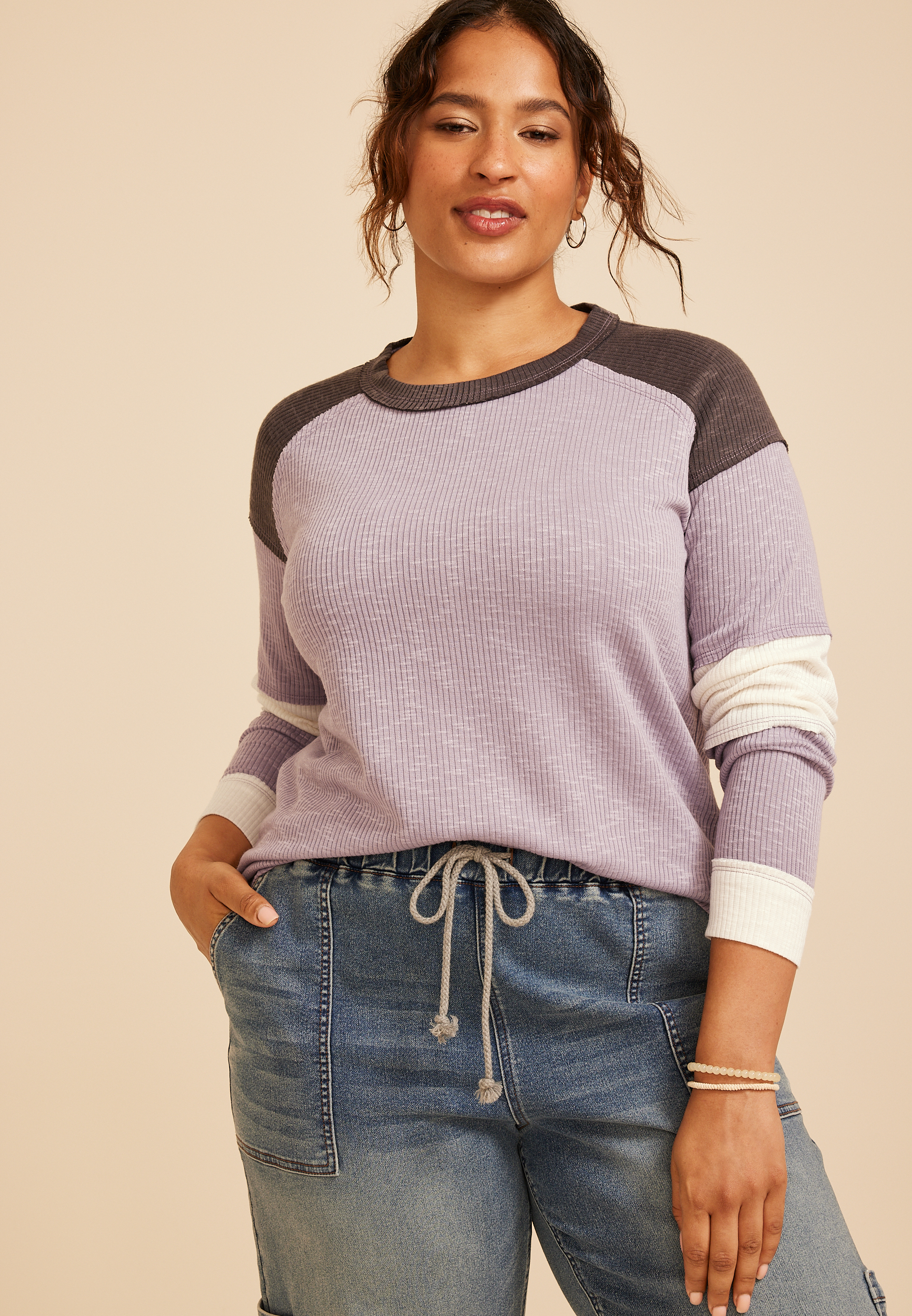 Plus Size Colorblock Ribbed Raglan Tee, C9055, large