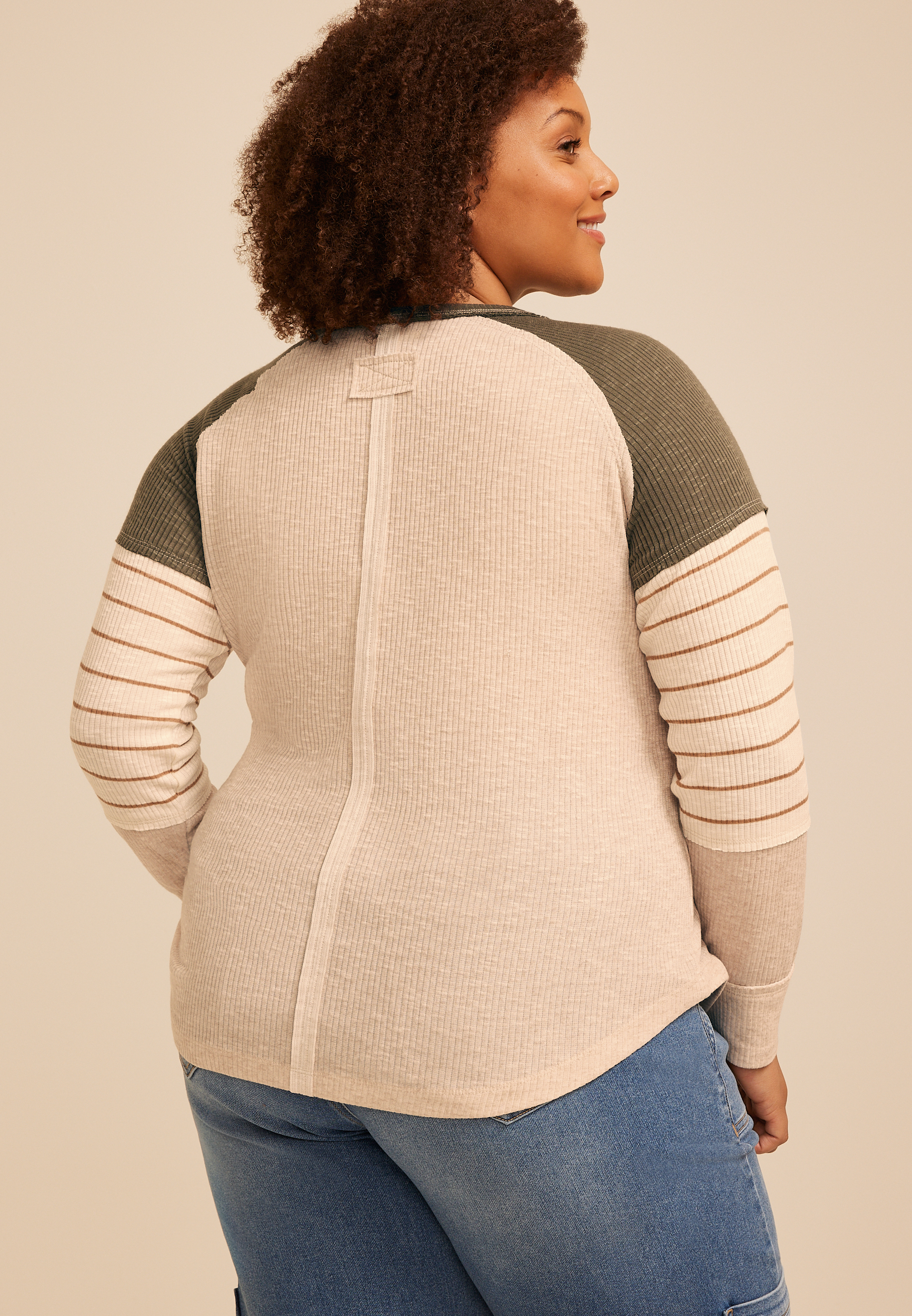 Plus Size Colorblock Ribbed Striped Sleeve Raglan Tee, C1008, large
